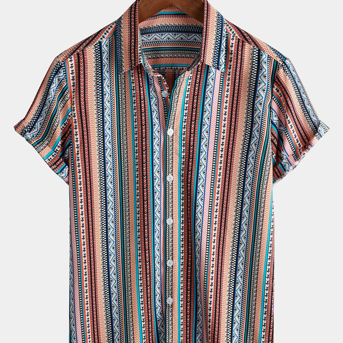 Camisa de playa con botones de manga corta a rayas vintage de verano para hombre