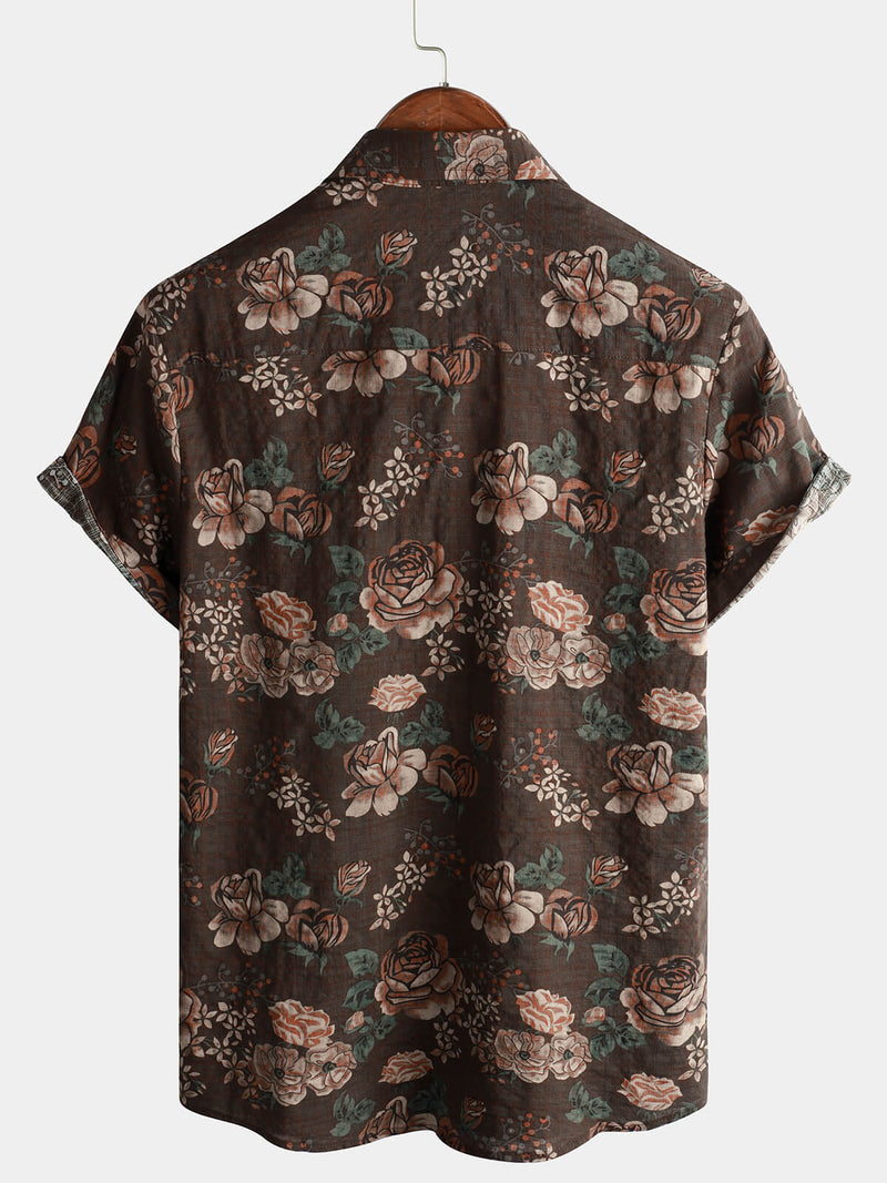 Men's Brown Cotton Vintage Floral Hawaiian Retro Beach Short Sleeve Button Up Shirt