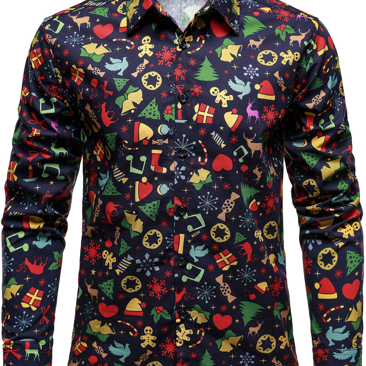 Men's Christmas Themed Festive Prints Navy Blue Long Sleeve Shirt