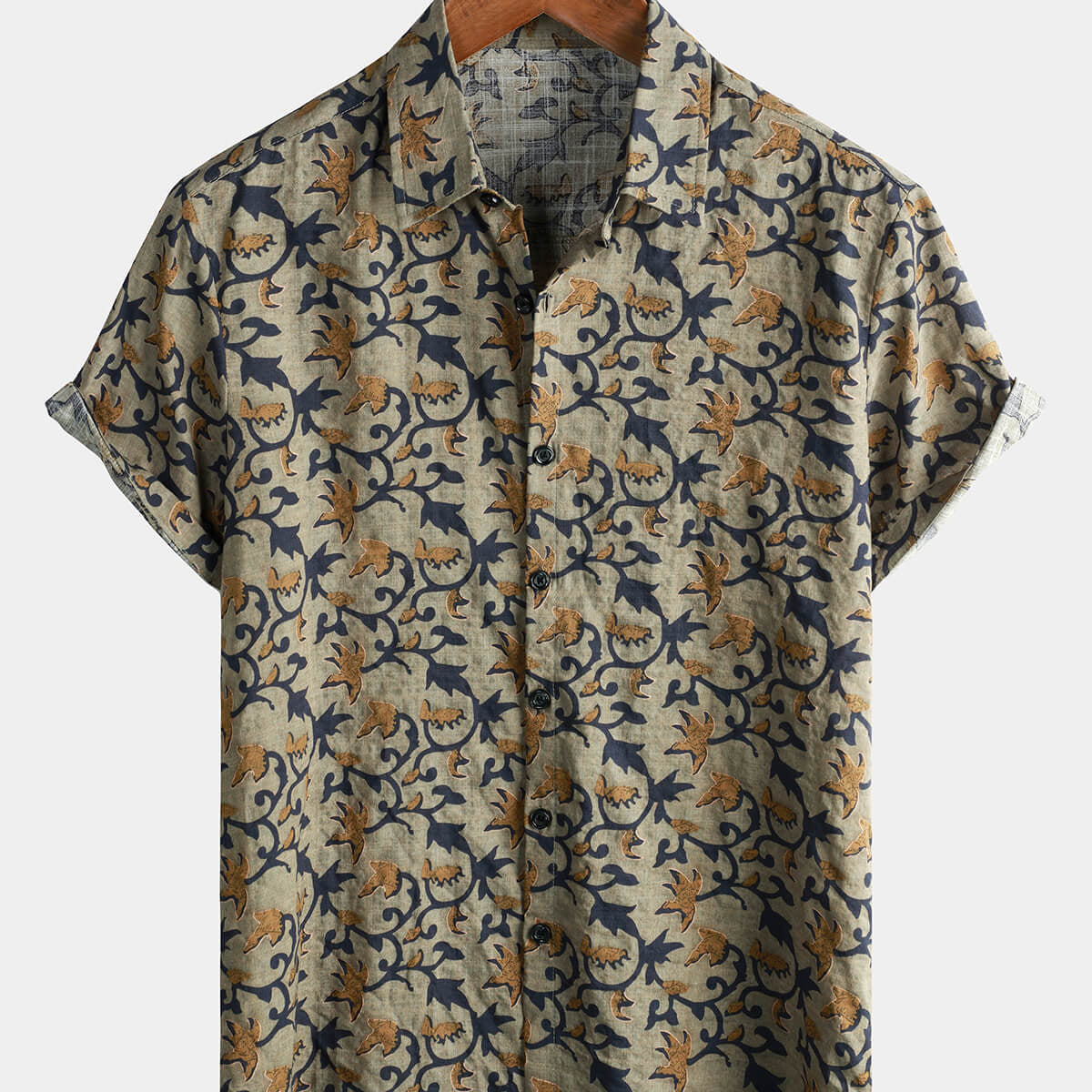 Men's Cotton 70s Vintage Hawaiian Floral Beach Short Sleeve Button Up Shirt