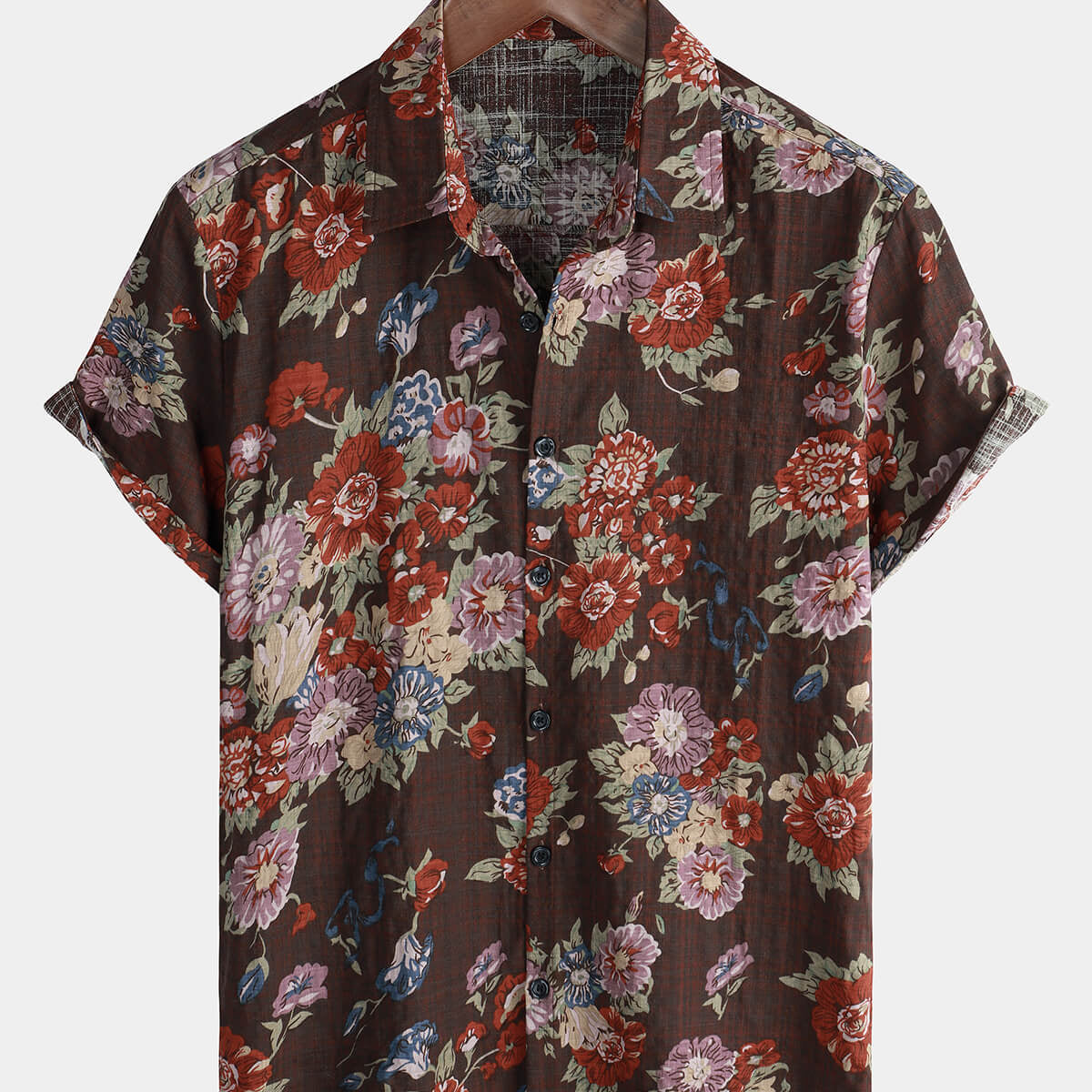 Men's Casual Vintage Holiday Cotton Retro Floral Button Up Short Sleeve Shirt