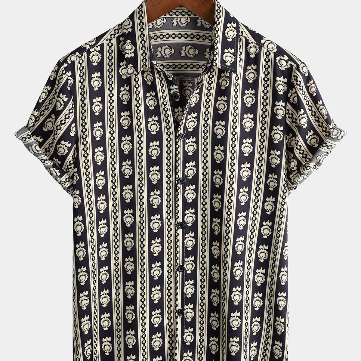 Camisa con botones de verano retro vintage de manga corta a rayas azul marino floral para hombre