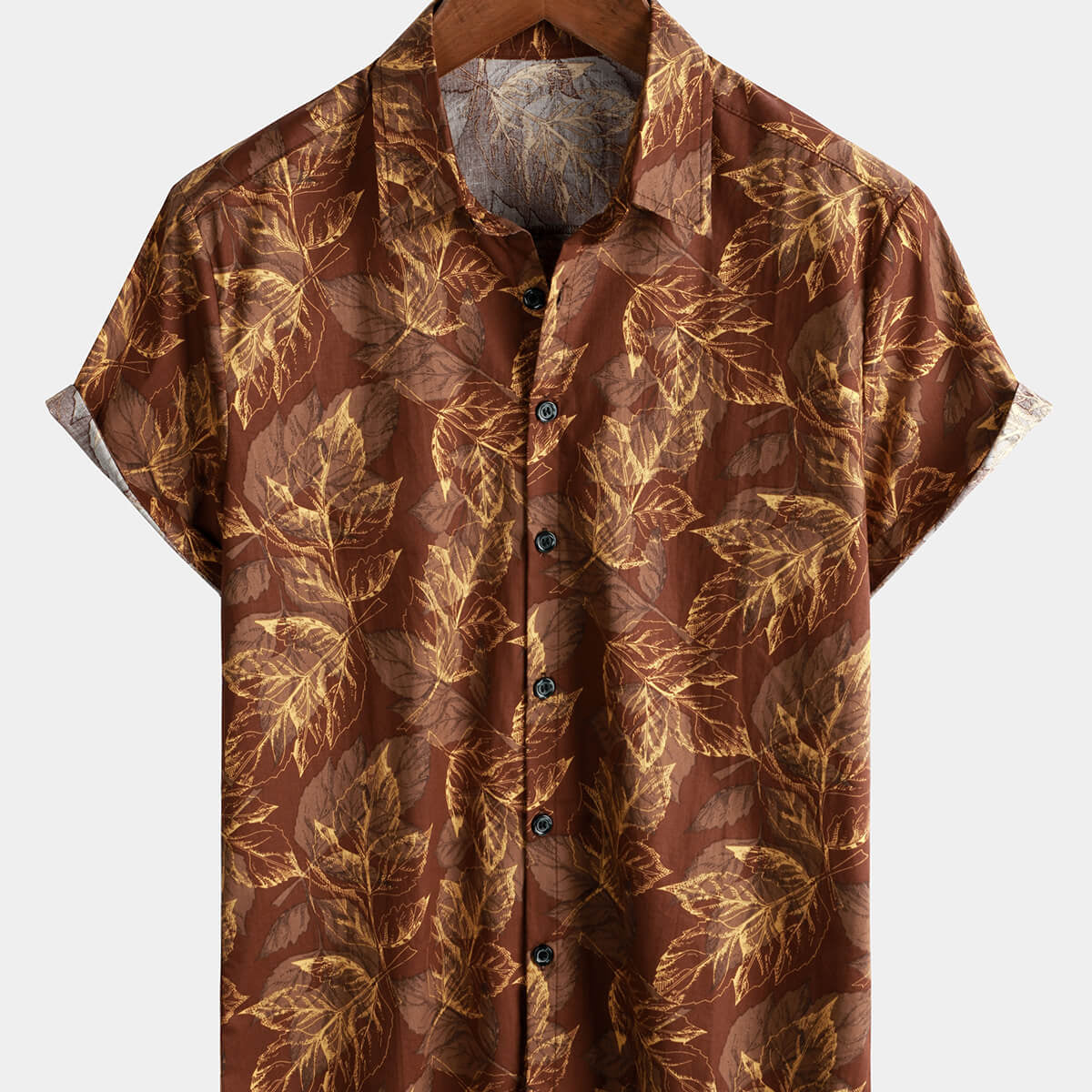 Camisa hawaiana de manga corta con botones para playa de algodón con estampado de hojas marrones vintage para hombre