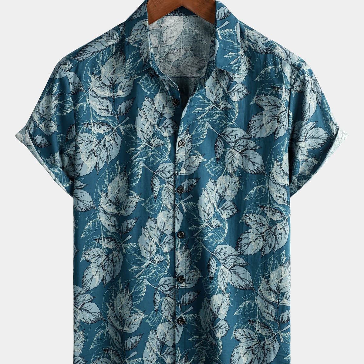 Camisa hawaiana de manga corta con botones para playa con estampado de hojas azules vintage de algodón para hombre