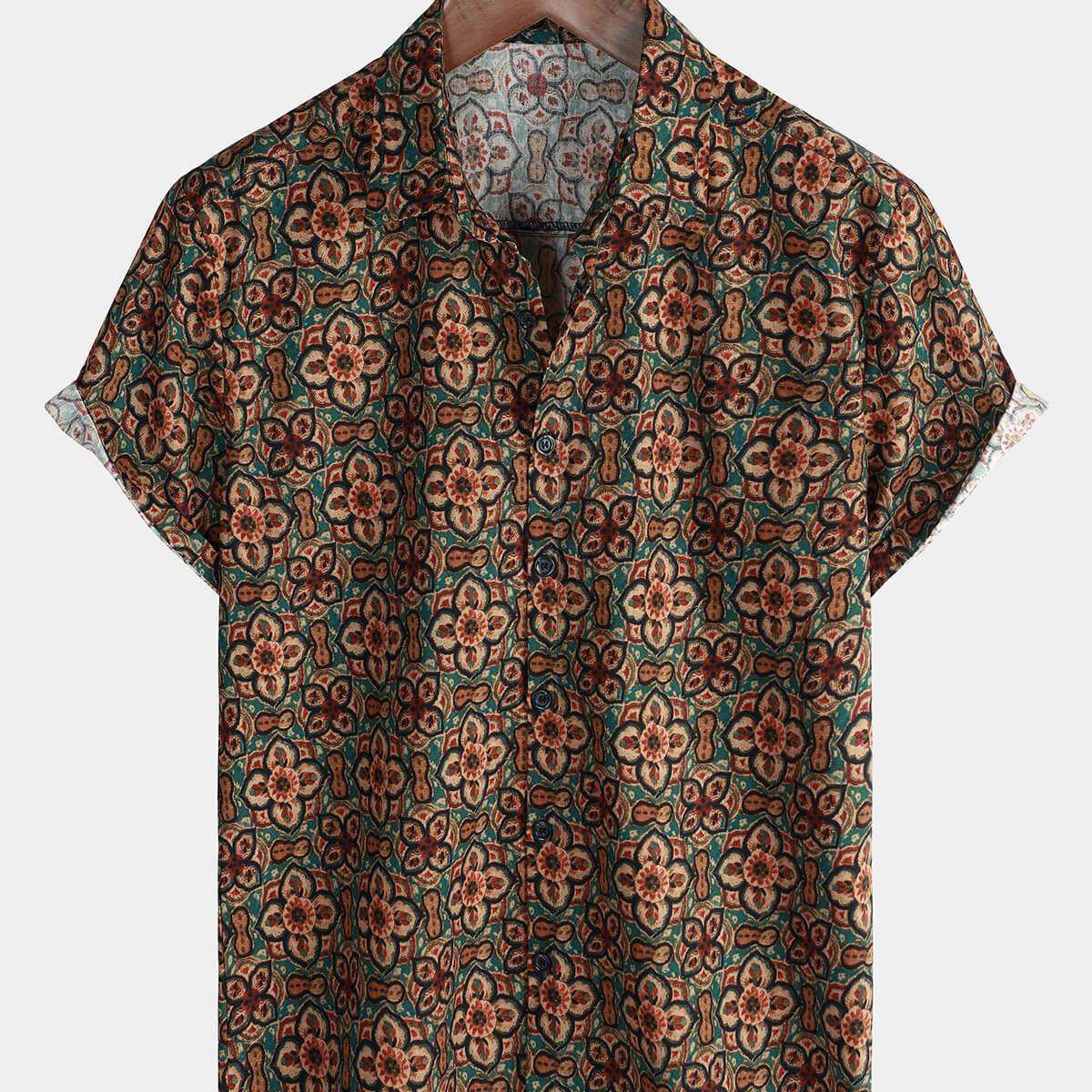 Men's Vintage Holiday Brown Floral Button Up Retro Short Sleeve Shirt
