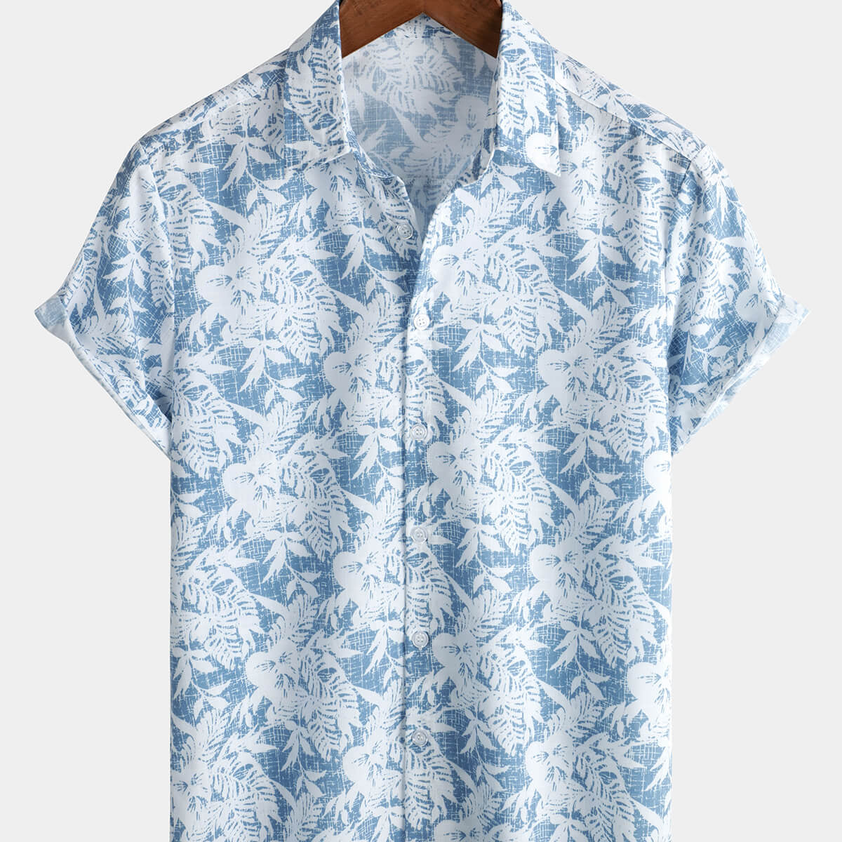 Camisa hawaiana de manga corta con botones para playa con estampado floral vintage de algodón azul para hombre