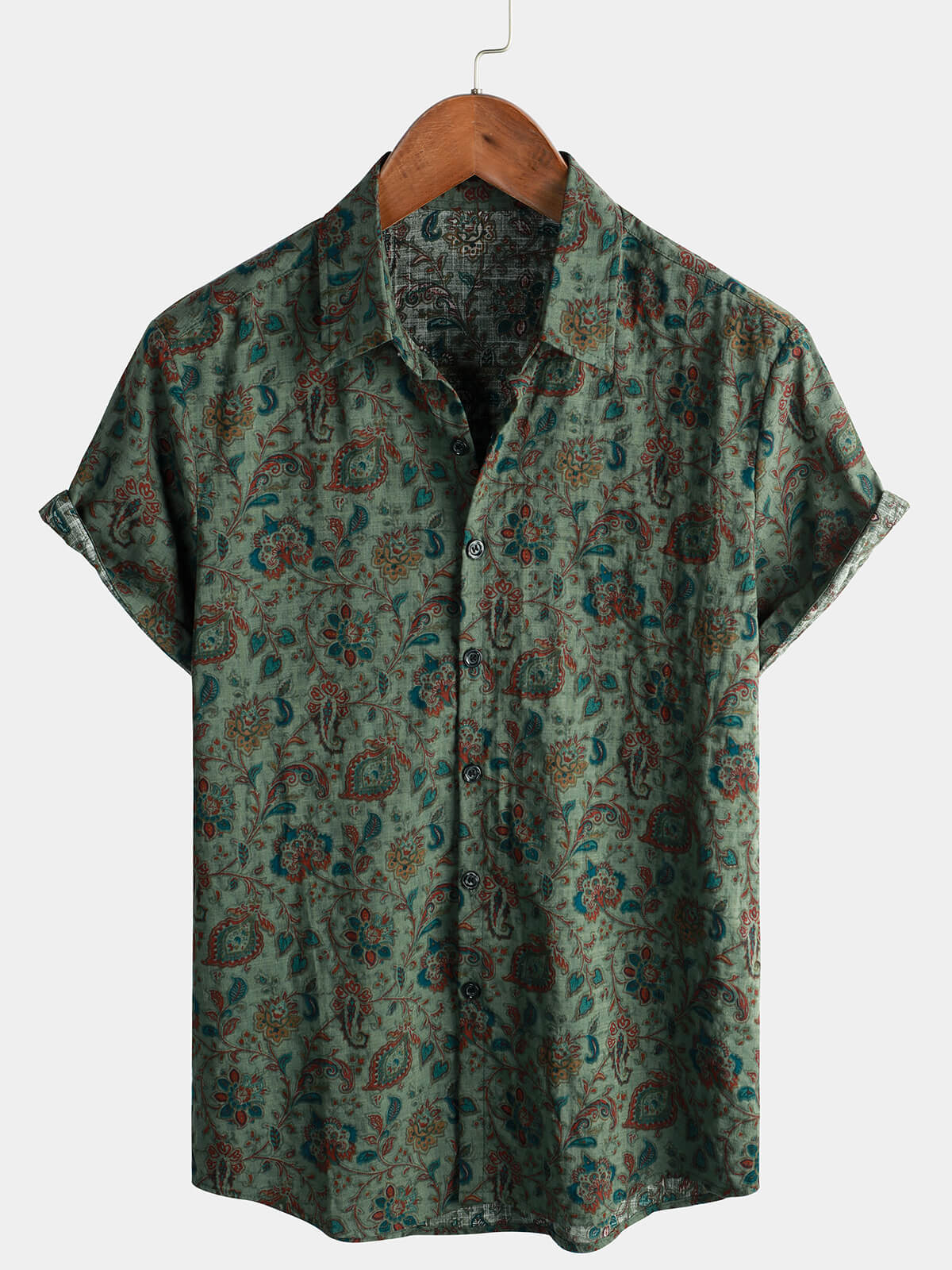 Men&#39;s Retro Paisley 70s Green Holiday Button Up Vintage Short Sleeve Shirt