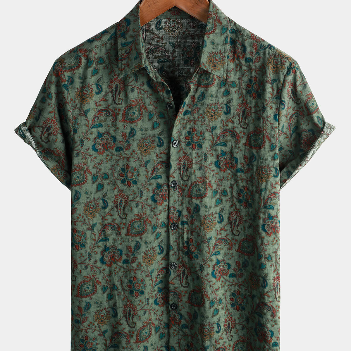 Camisa de manga corta vintage con botones para hombre, estilo retro, paisley, años 70, color verde