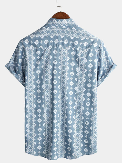 Men's Blue Cotton Retro Button Up Striped Vintage Summer Short Sleeve Shirt