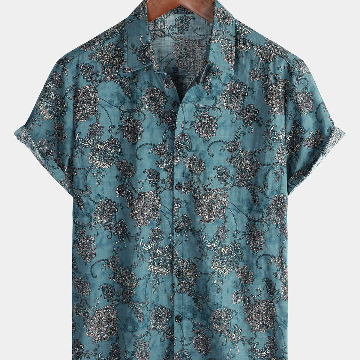 Men's Short Sleeve Vintage Paisley Floral Button Up Cotton Shirt