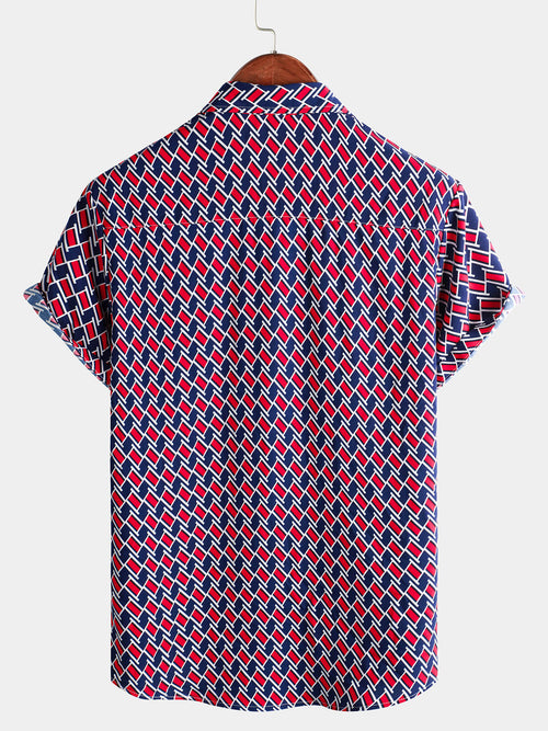 Men's Geometric Button Up Summer Short Sleeve Summer Shirt
