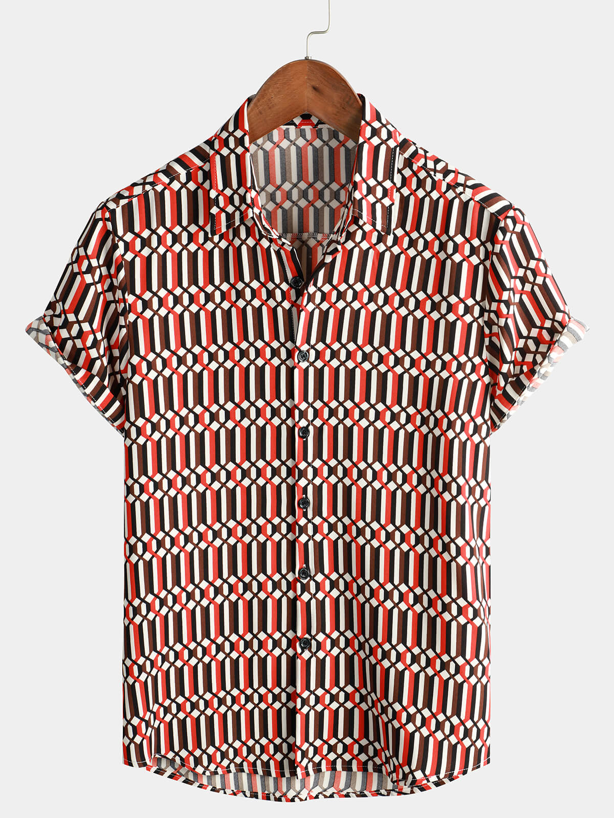 Men's Casual Retro Geometric Button Up Cool Short Sleeve Summer Shirt