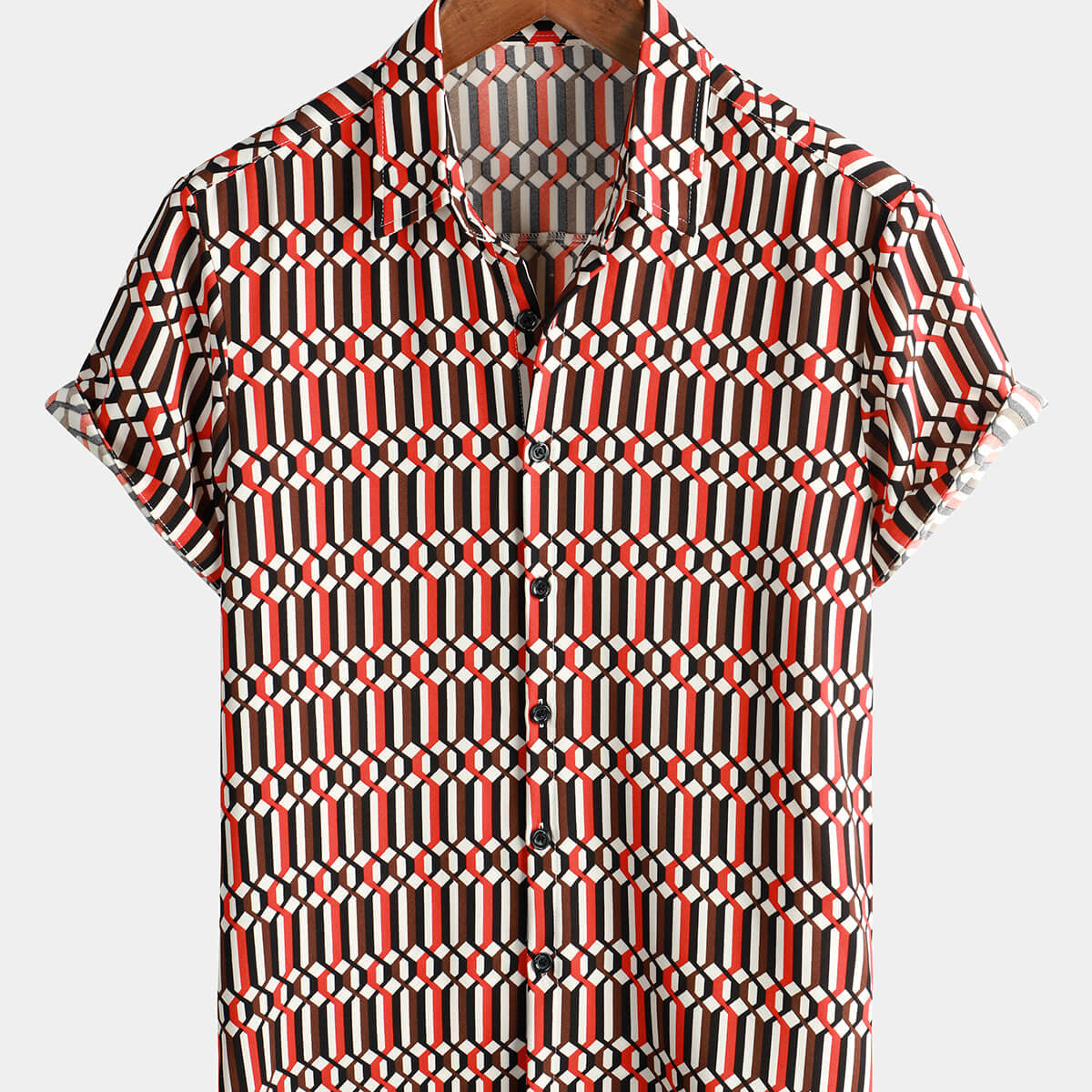Camisa de verano de manga corta fresca con botones geométricos retro informal para hombre