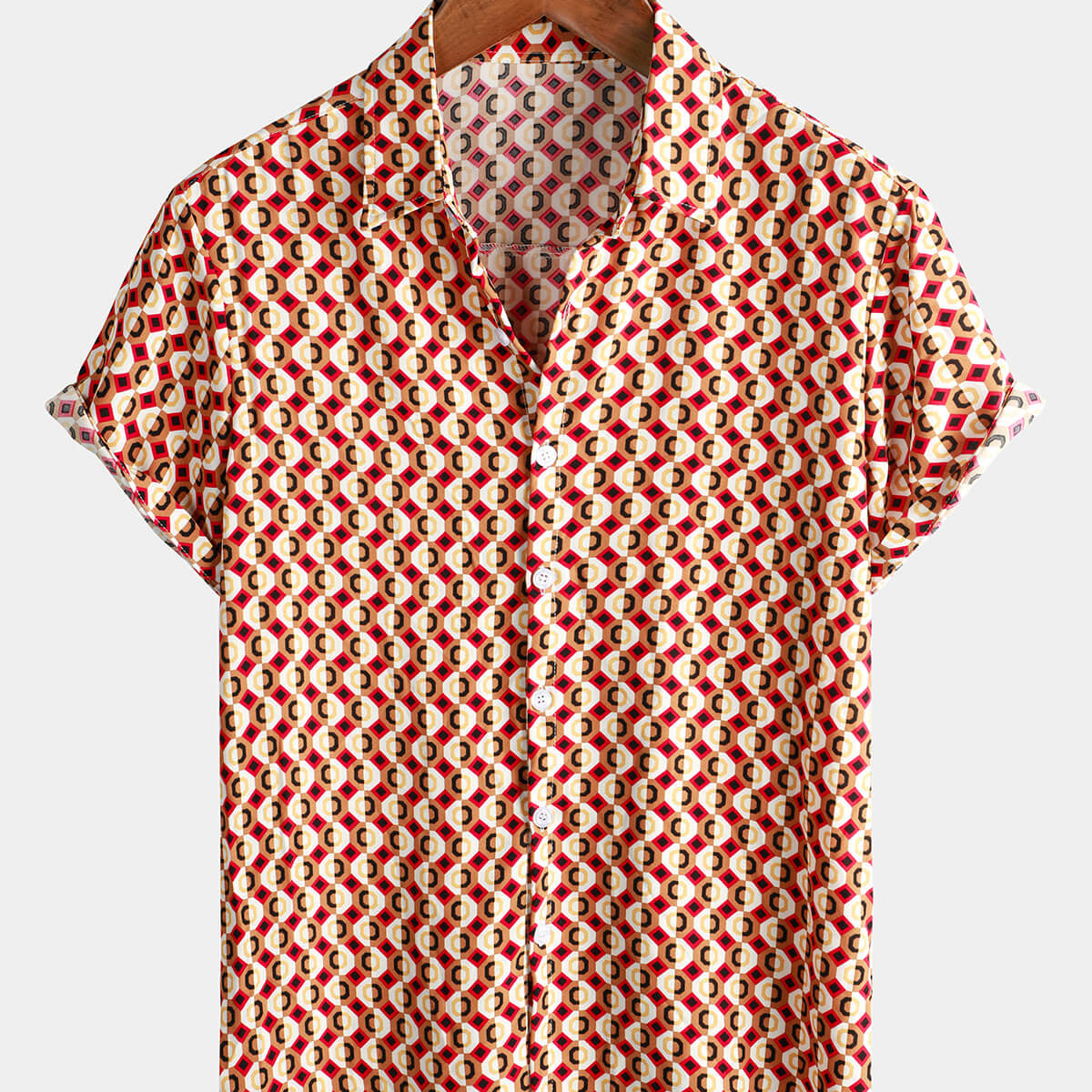Camisa de manga corta de verano con botones para fiesta disco, estilo retro geométrico de los años 70, para hombre