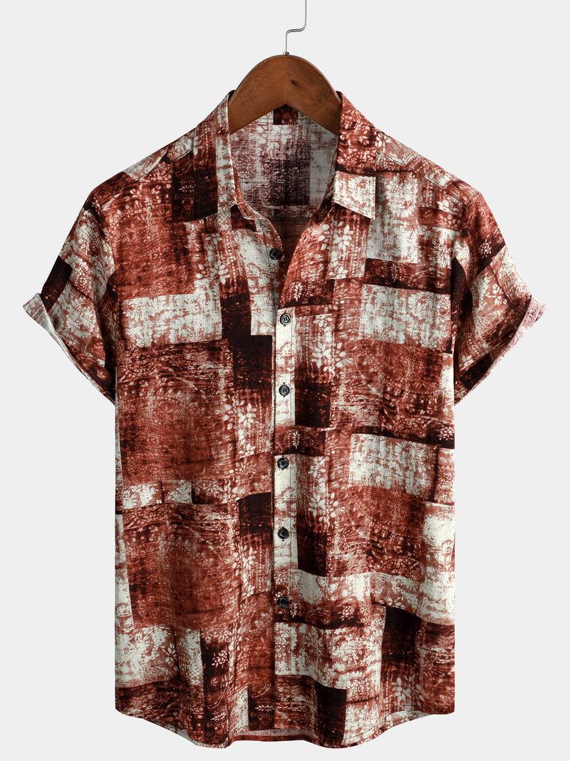 Men's Summer Vintage Cotton Patchwork Short Sleeve Retro 70s Summer Button Up Shirt