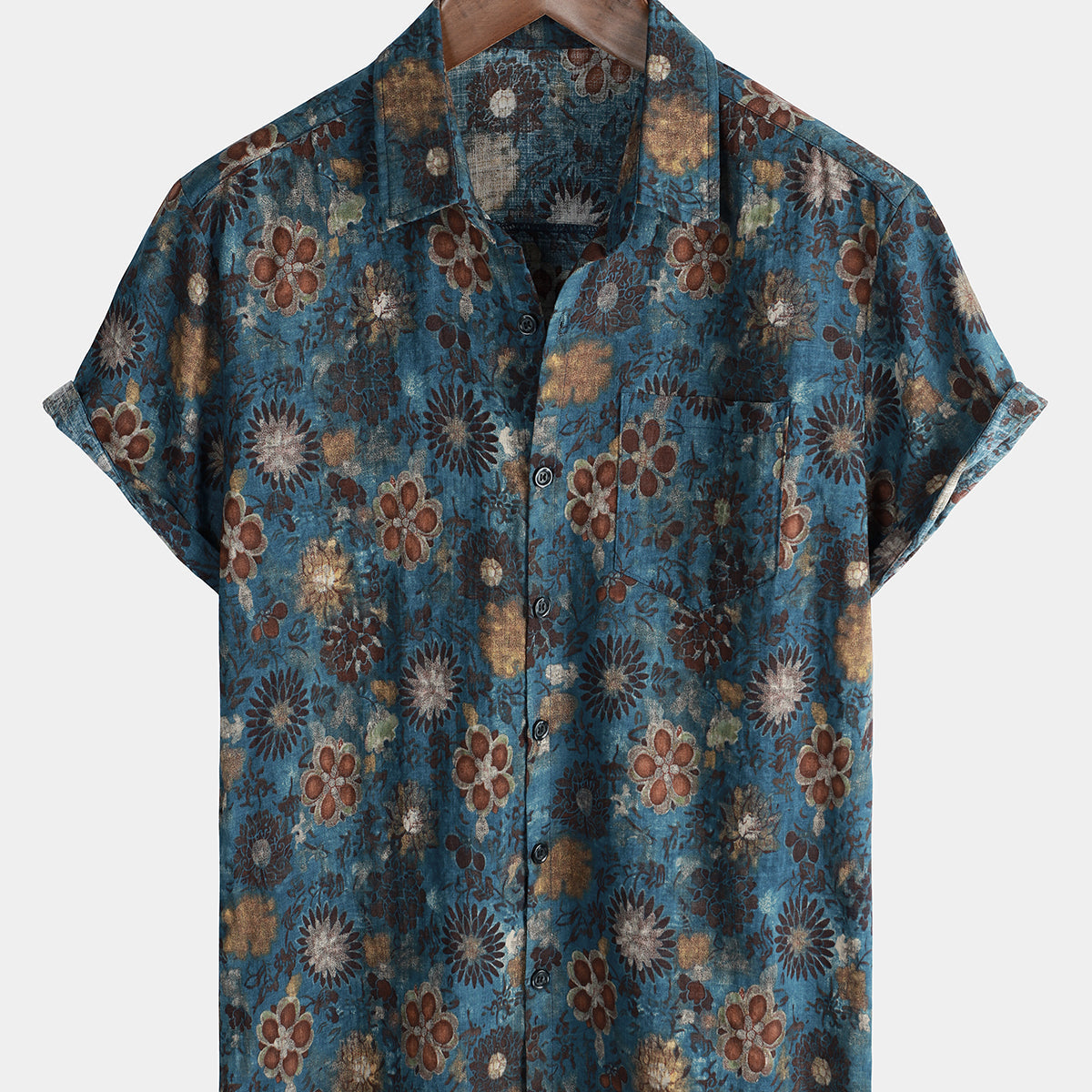 Men's Casual Vintage Floral Print Blue Short Sleeve Shirt