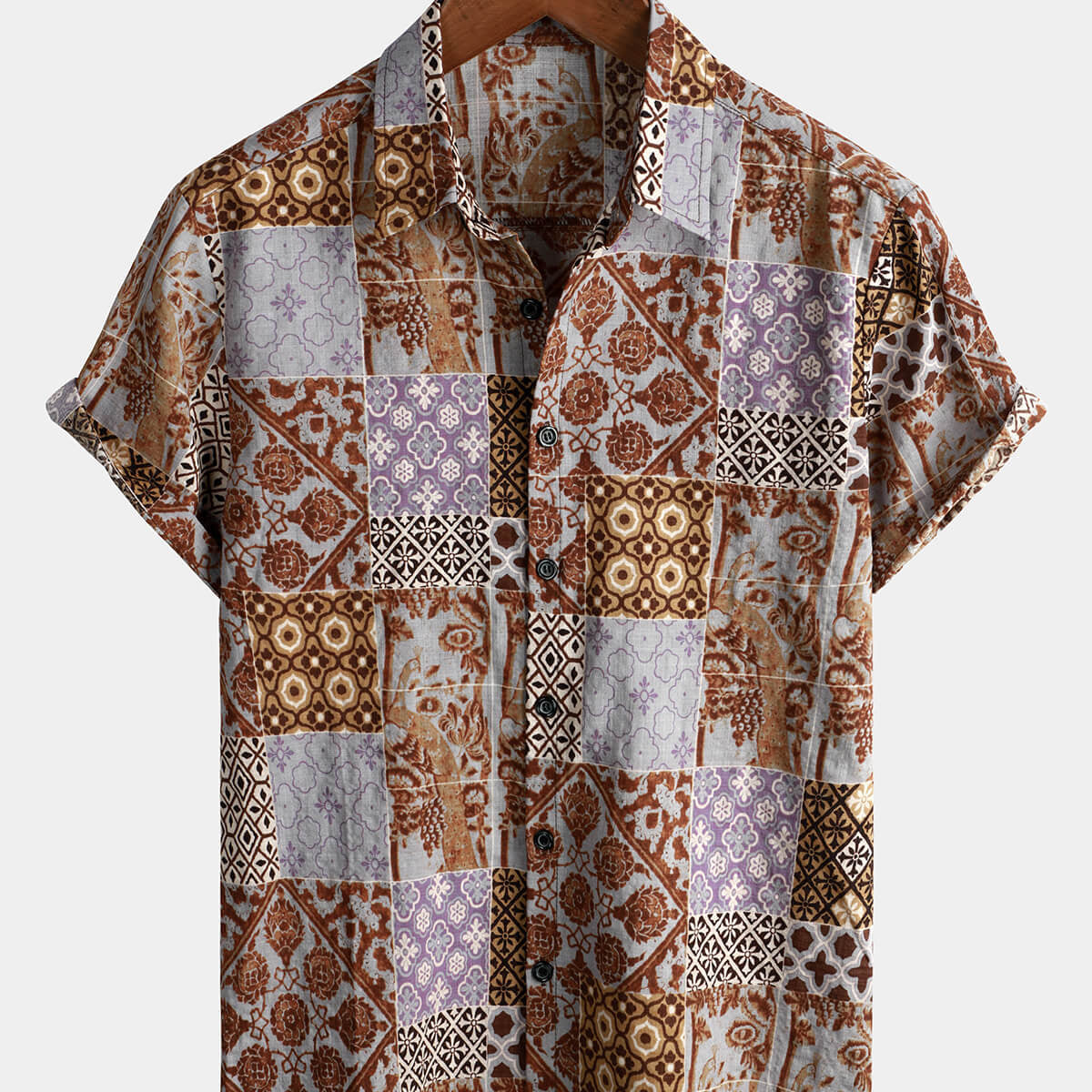 Camisa con botones de verano de los años 70, color marrón, retro, de manga corta, con retazos florales vintage para hombre