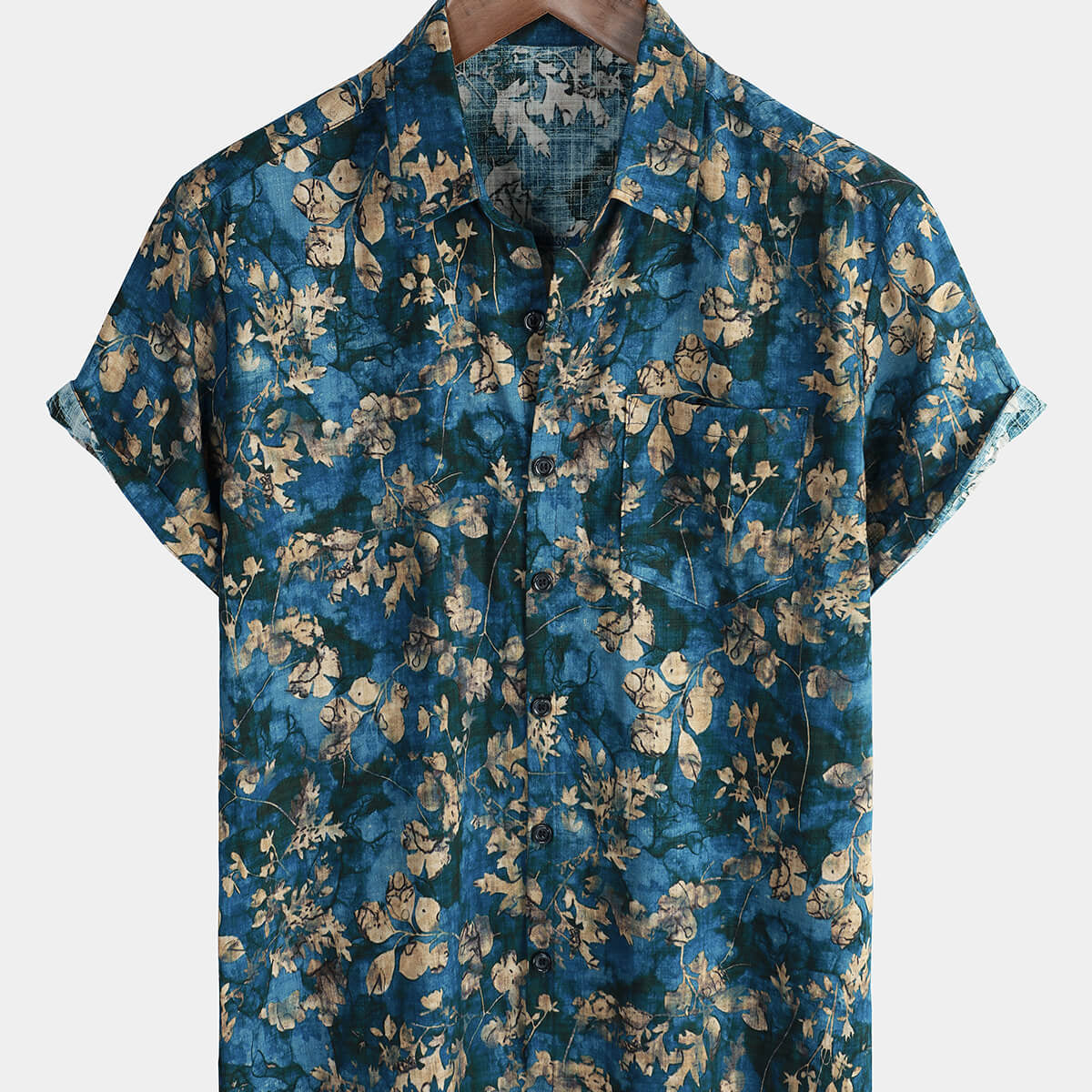 Men's Blue Cotton Summer Hawaiian Floral Button Up Short Sleeve Shirt