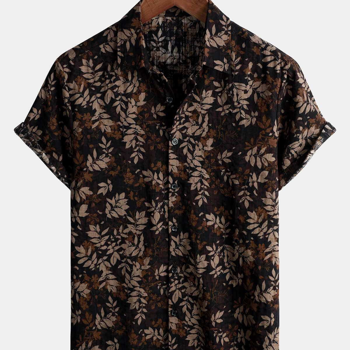 Camisa de manga corta navideña vintage con botones de algodón con estampado floral de hojas retro para hombre