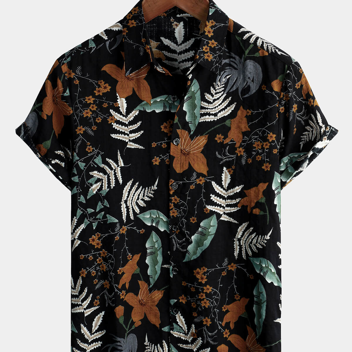 Men's Retro Leaf Floral Print Cotton Button Up Vintage Holiday Short Sleeve Shirt