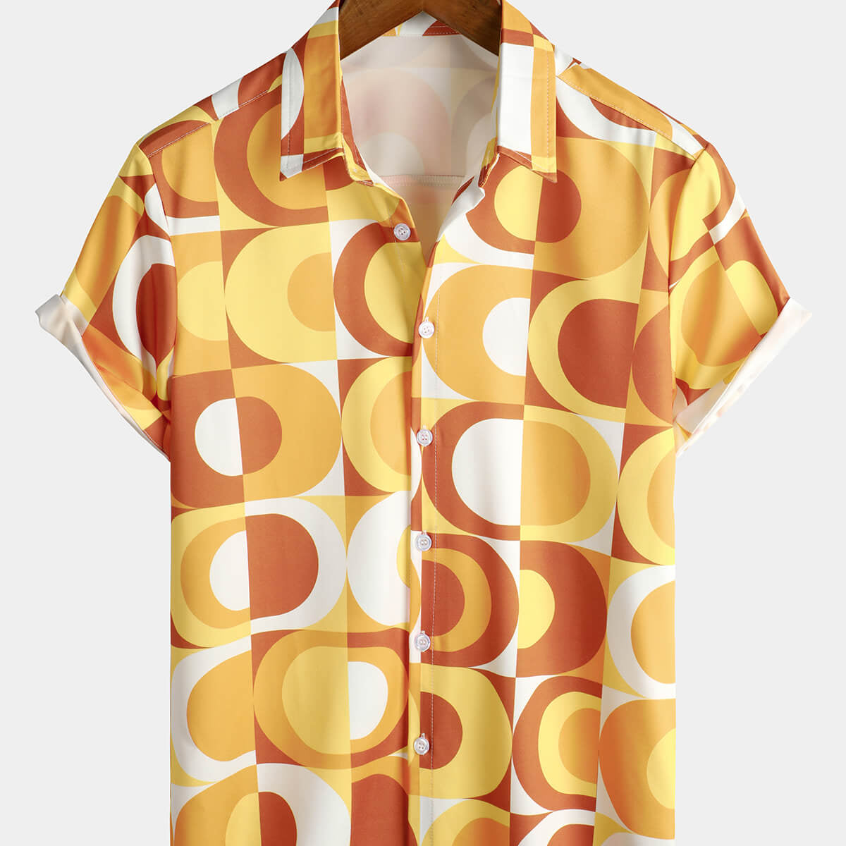 Camisa de manga corta para hombre, estilo retro, con botones, color naranja, años 70, estilo disco geométrico, playa, verano
