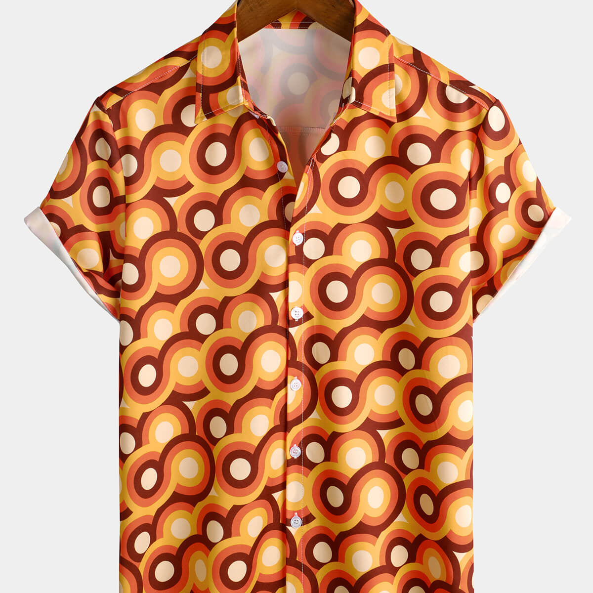 Camisa de manga corta de playa de verano con círculo geométrico vintage con botones retro naranja de los años 70 para hombre