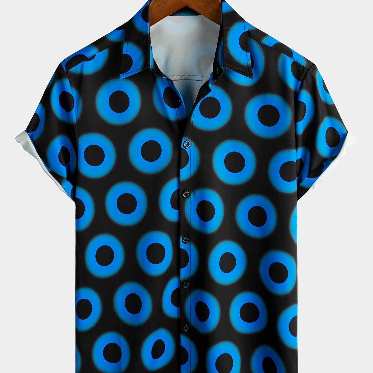 Camisa de manga corta de playa de verano con círculo geométrico azul vintage con botones retro para hombre