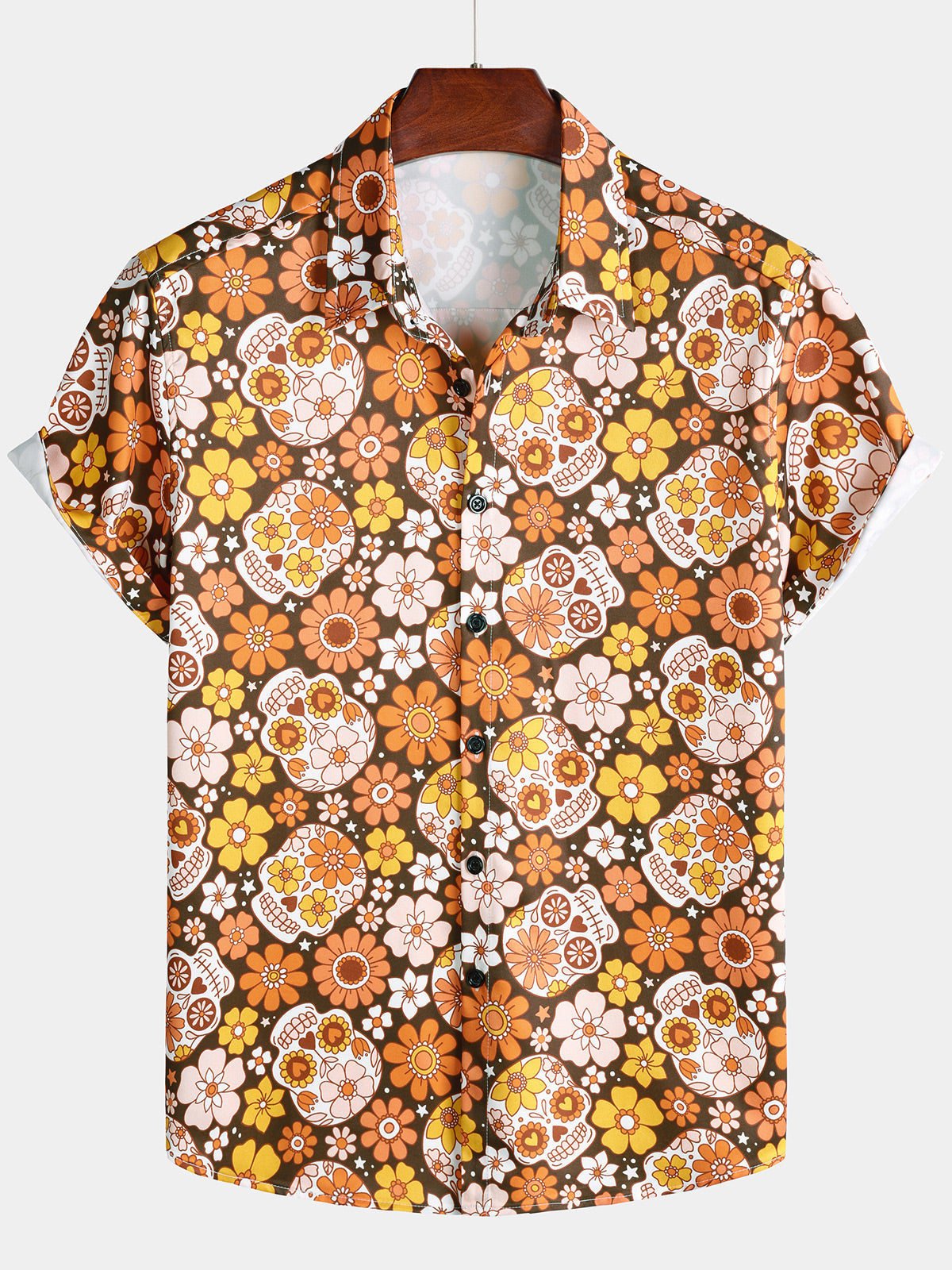 Men's Sugar Skull Floral Daisy Print Holiday Short Sleeve Shirt