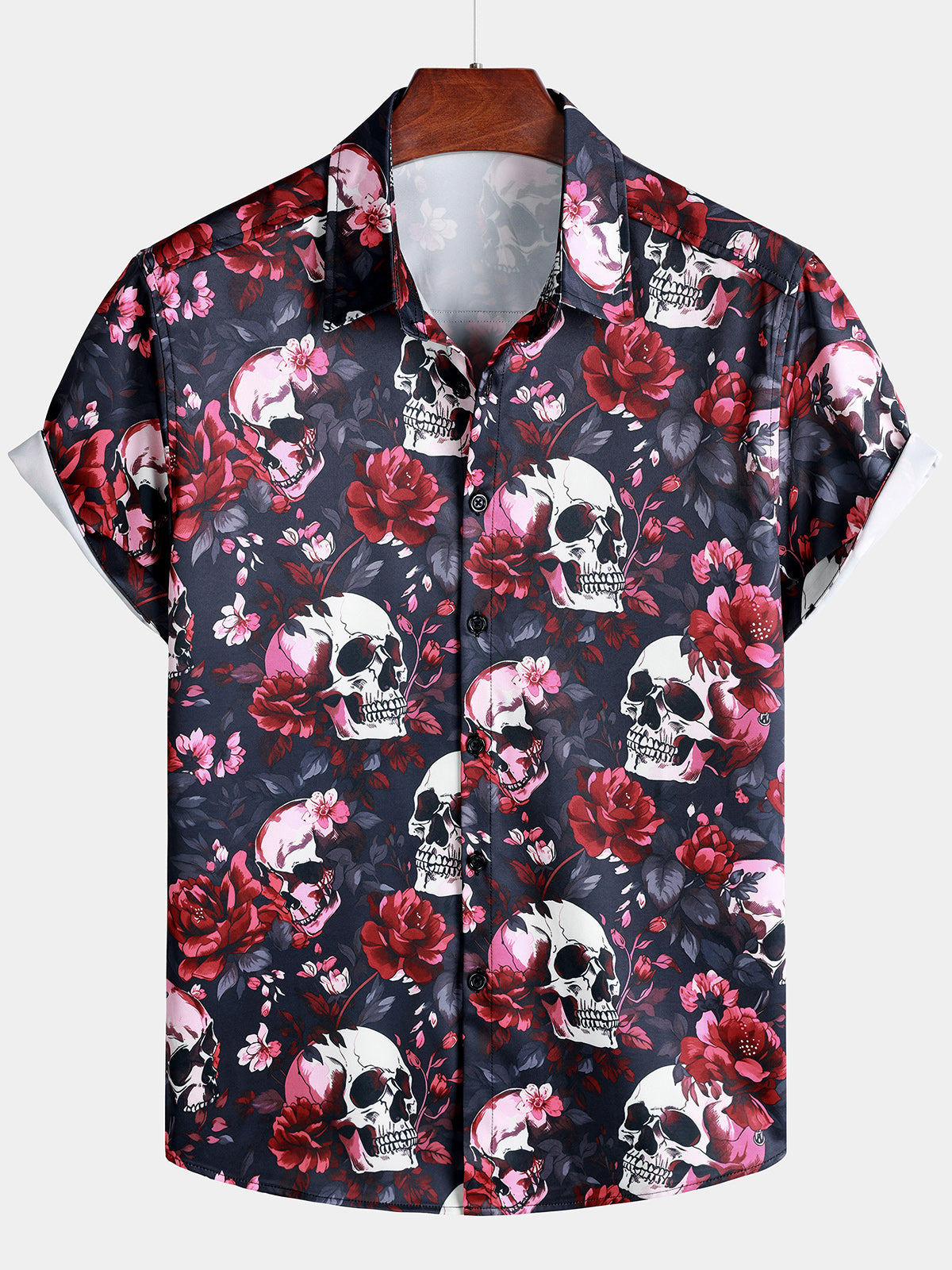 Men's Punk Rock Floral Skull Print Beach Short Sleeve Shirt