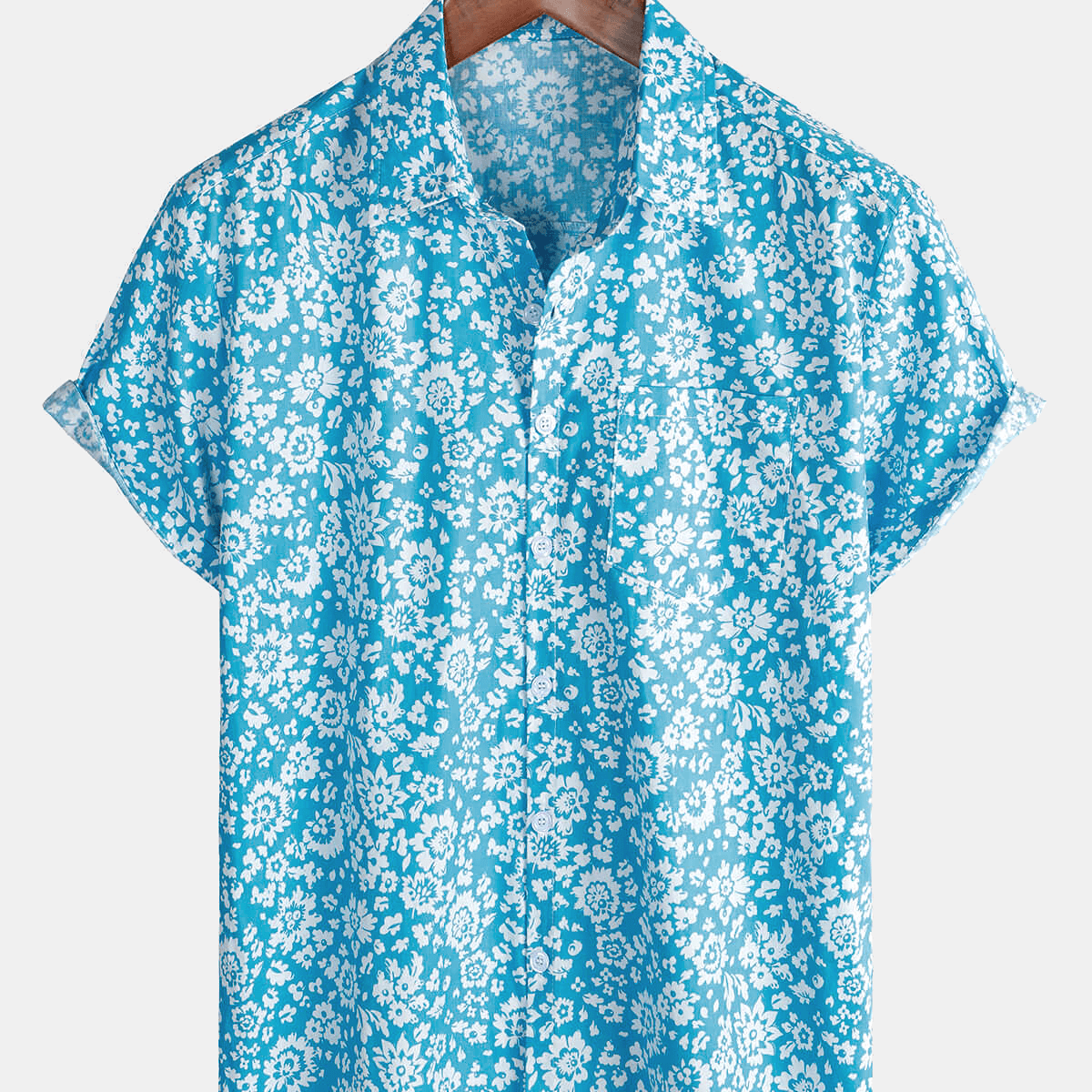 Men's Blue Holiday Summer Floral Button Up Casual Short Sleeve Shirt