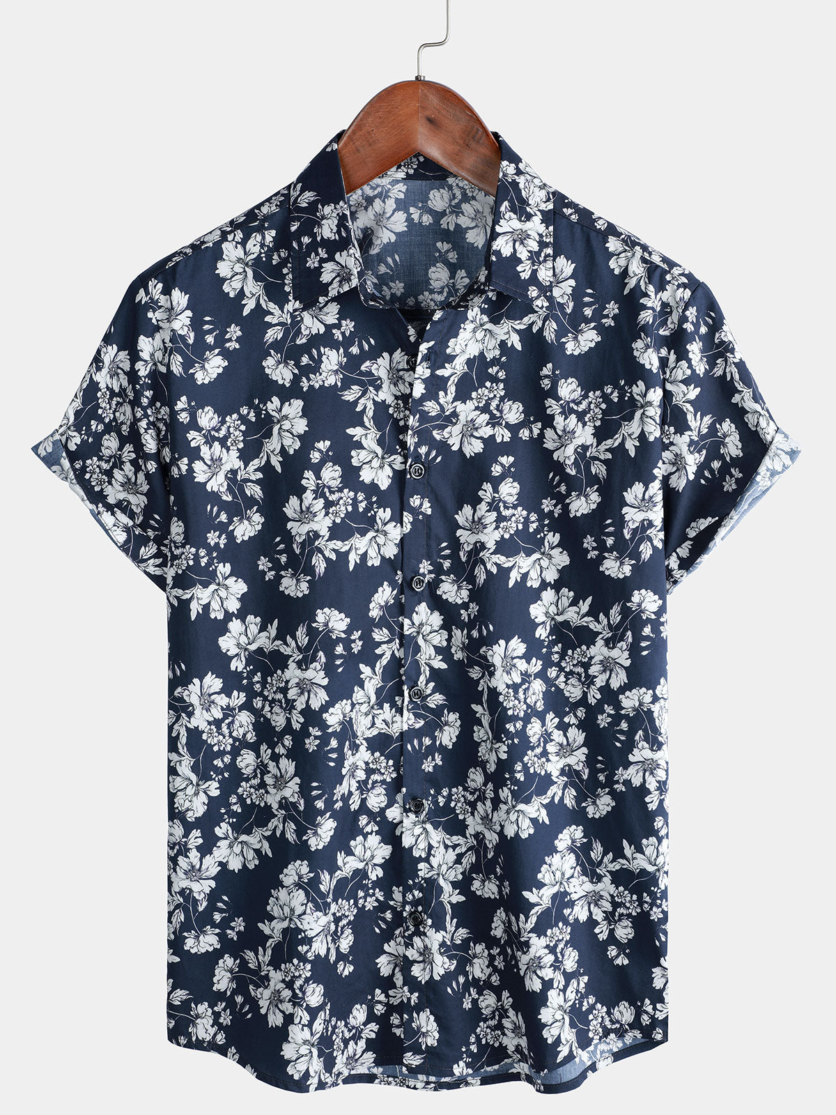 Men's Navy Blue Short Sleeve Summer Floral Print Vacation Beach Shirt
