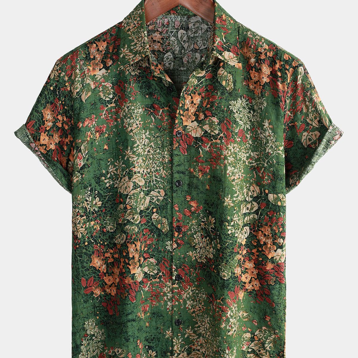 Men's Vintage Holiday Retro Cotton Green Button Up Short Sleeve Shirt