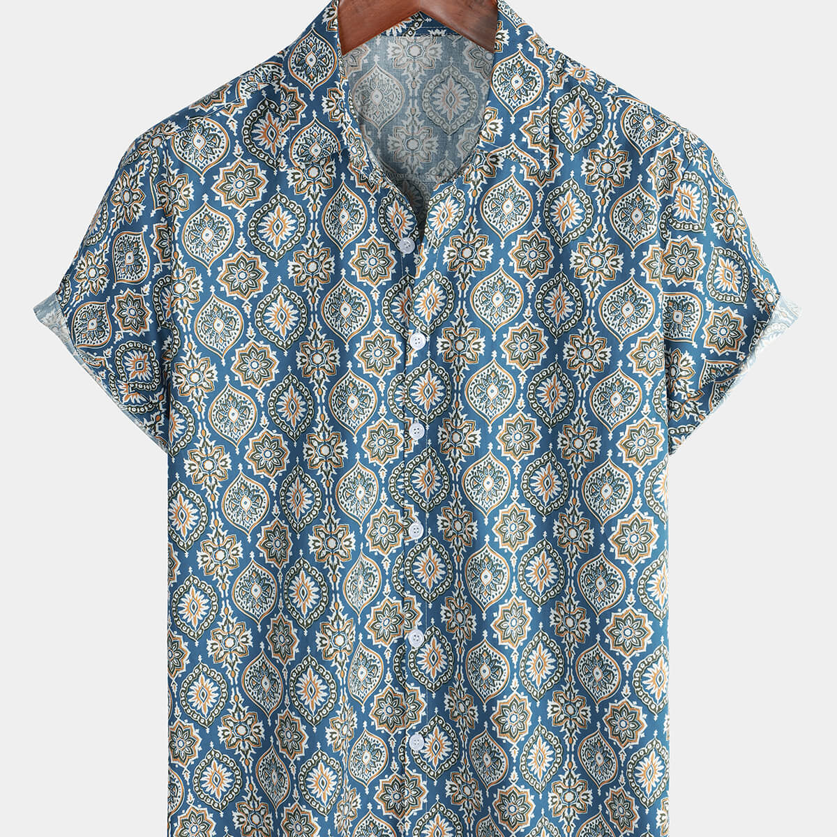 Men's Vintage Holiday Cotton Summer Floral Button Up Blue Short Sleeve Shirt