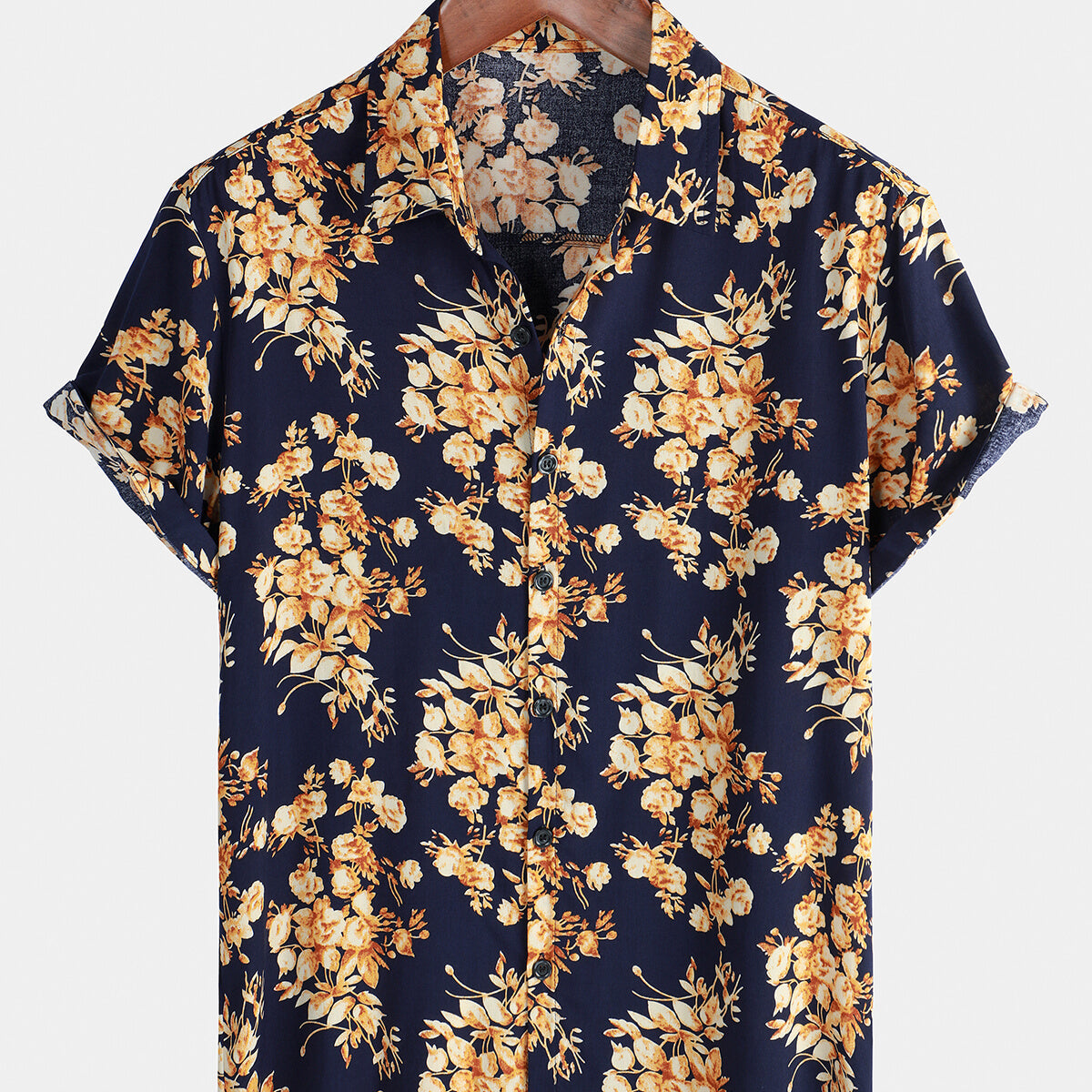 Men's Vintage Holiday Cotton Green Hawaiian Floral Button Up Short Sleeve Shirt