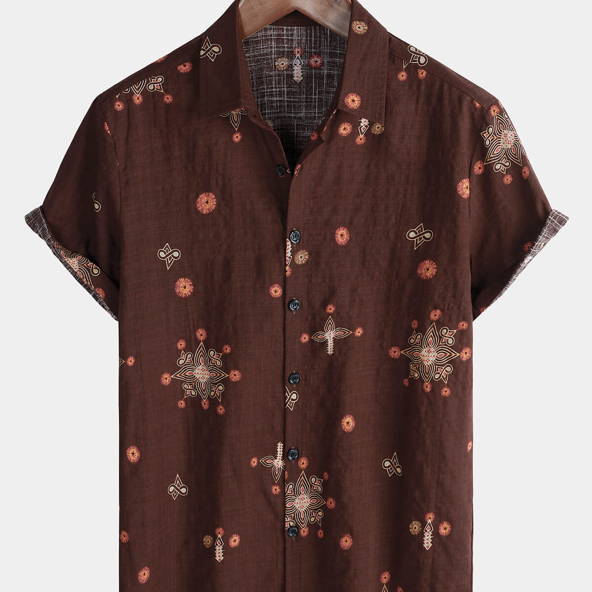 Men's Retro Button Up Holiday Brown Short Sleeve Shirt