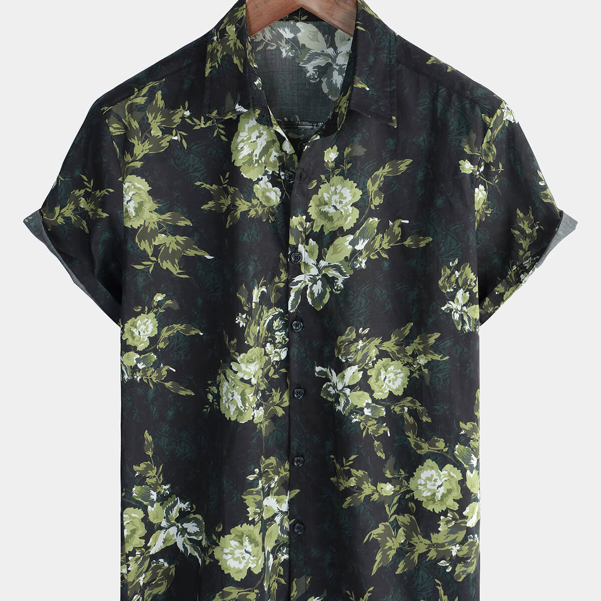 Men's Green Hawaiian Floral Button Up Cotton Cool Short Sleeve Shirt