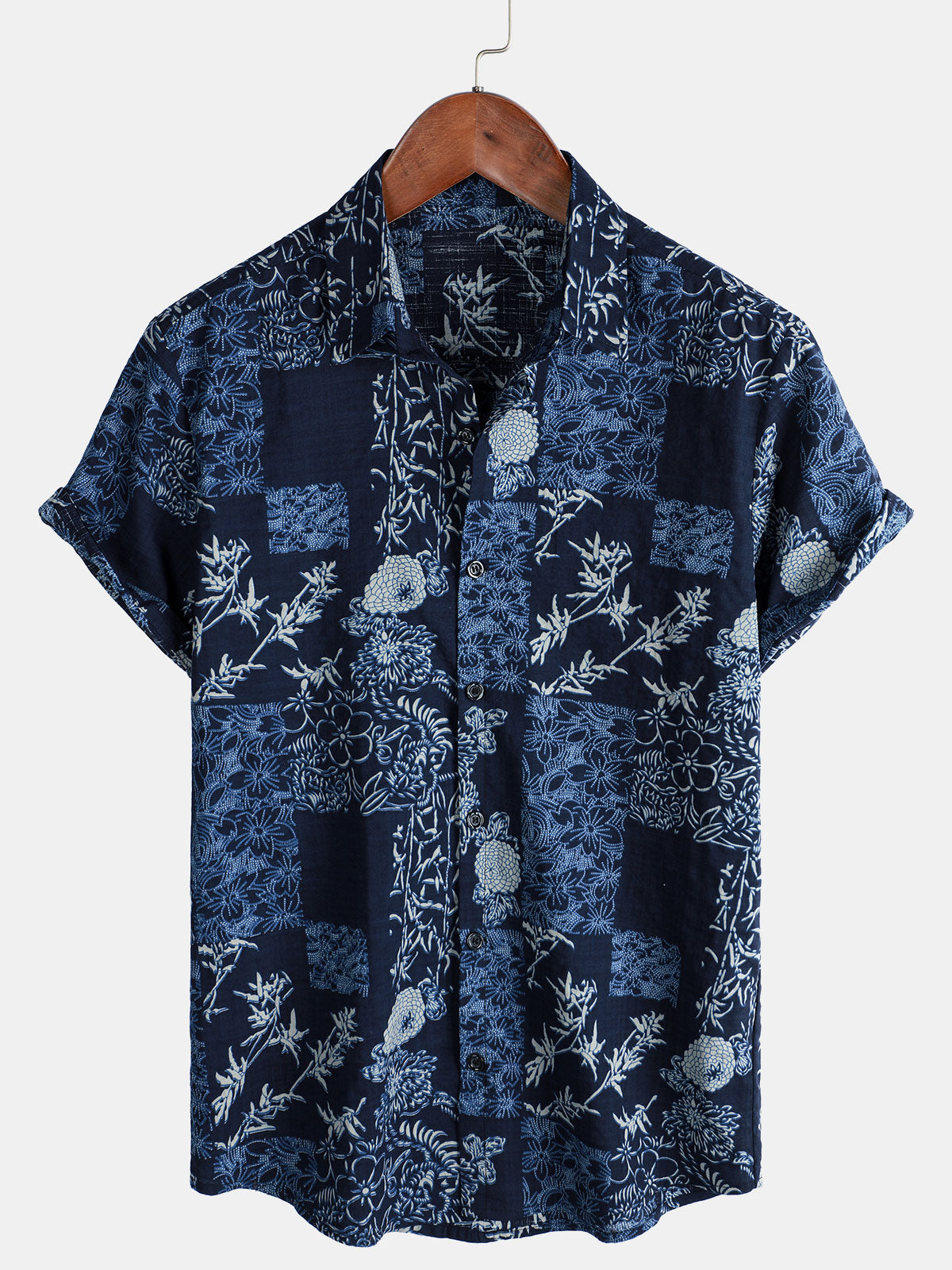 Men's Retro Navy Blue Floral Summer Short Sleeve Shirt