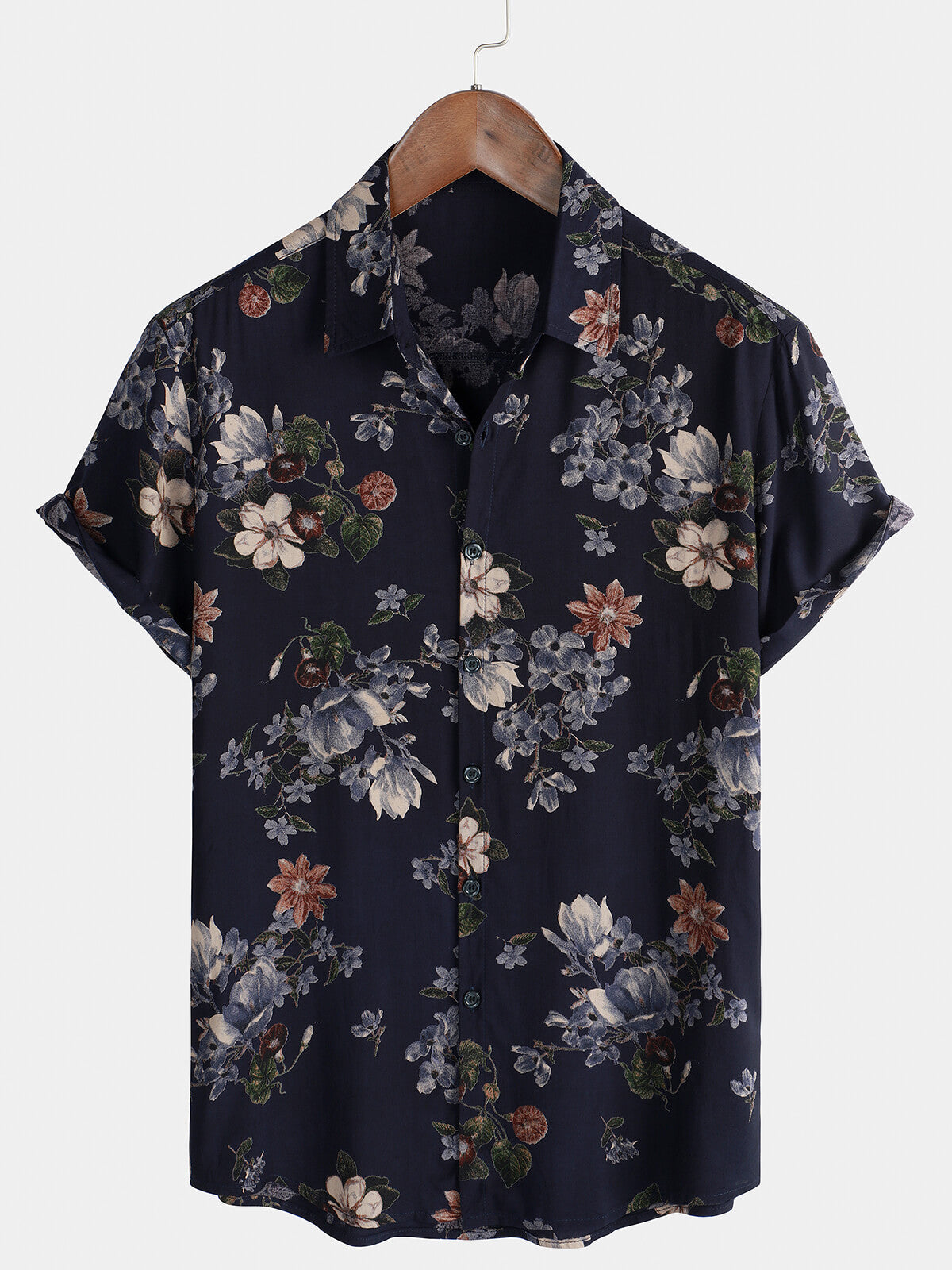 Men's Vintage Navy Blue Holiday Summer Floral Beach Rayon Short Sleeve Shirt