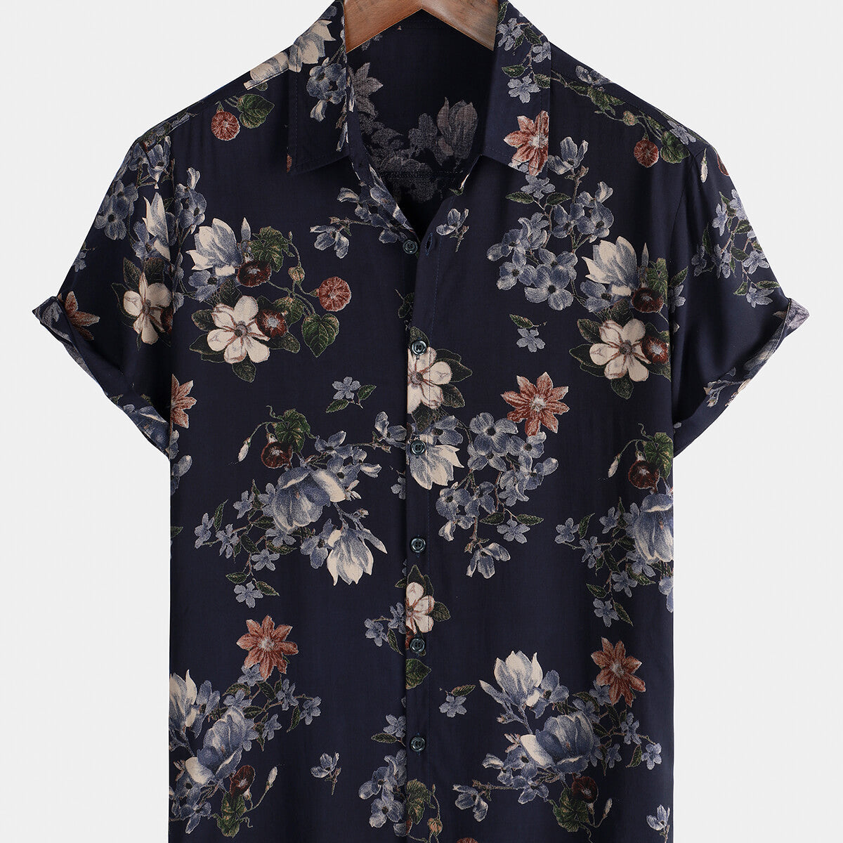 Men's Vintage Navy Blue Holiday Summer Floral Beach Rayon Short Sleeve Shirt
