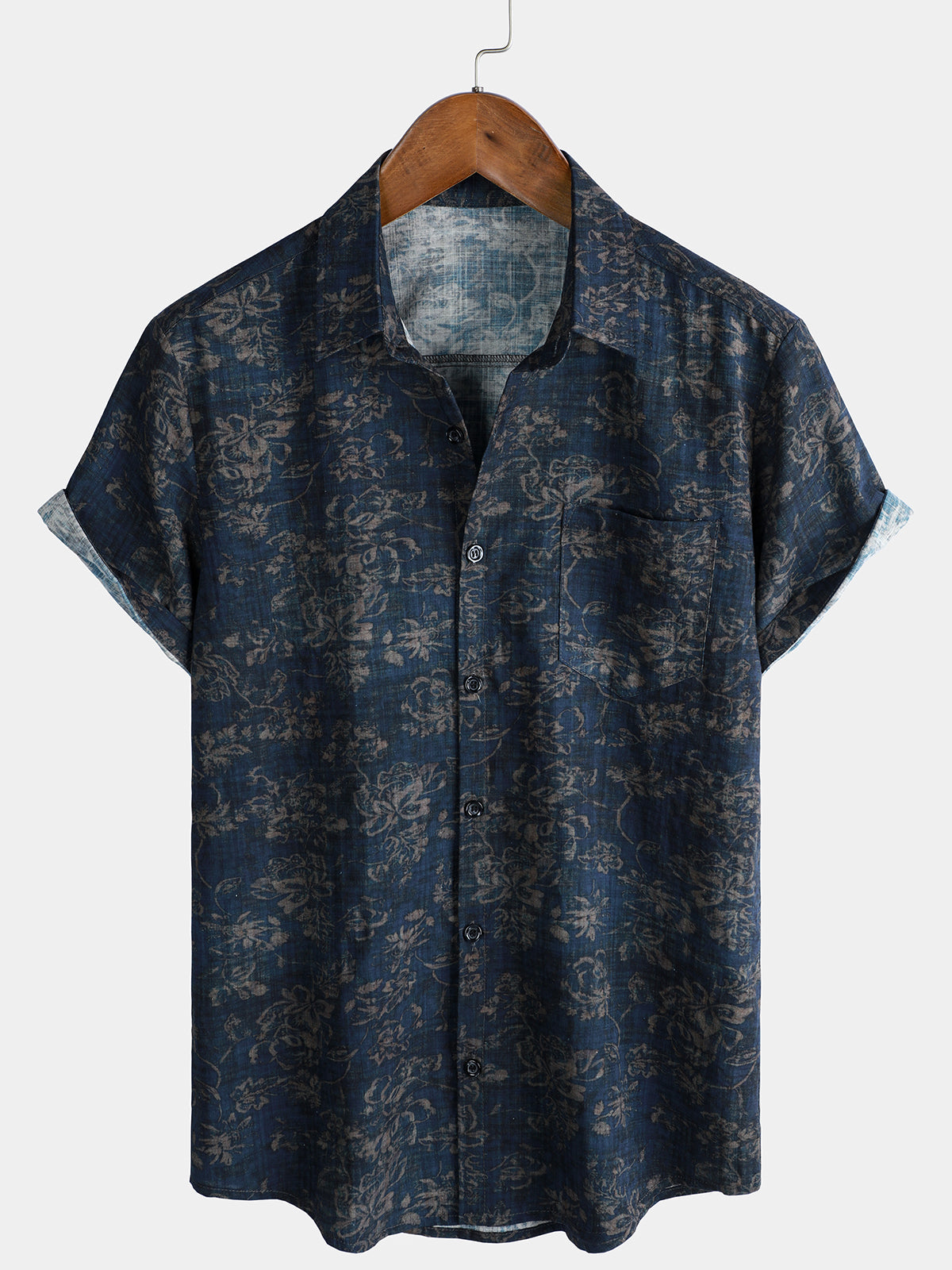 Men's Summer Retro Floral Print Pocket Short Sleeve Shirt