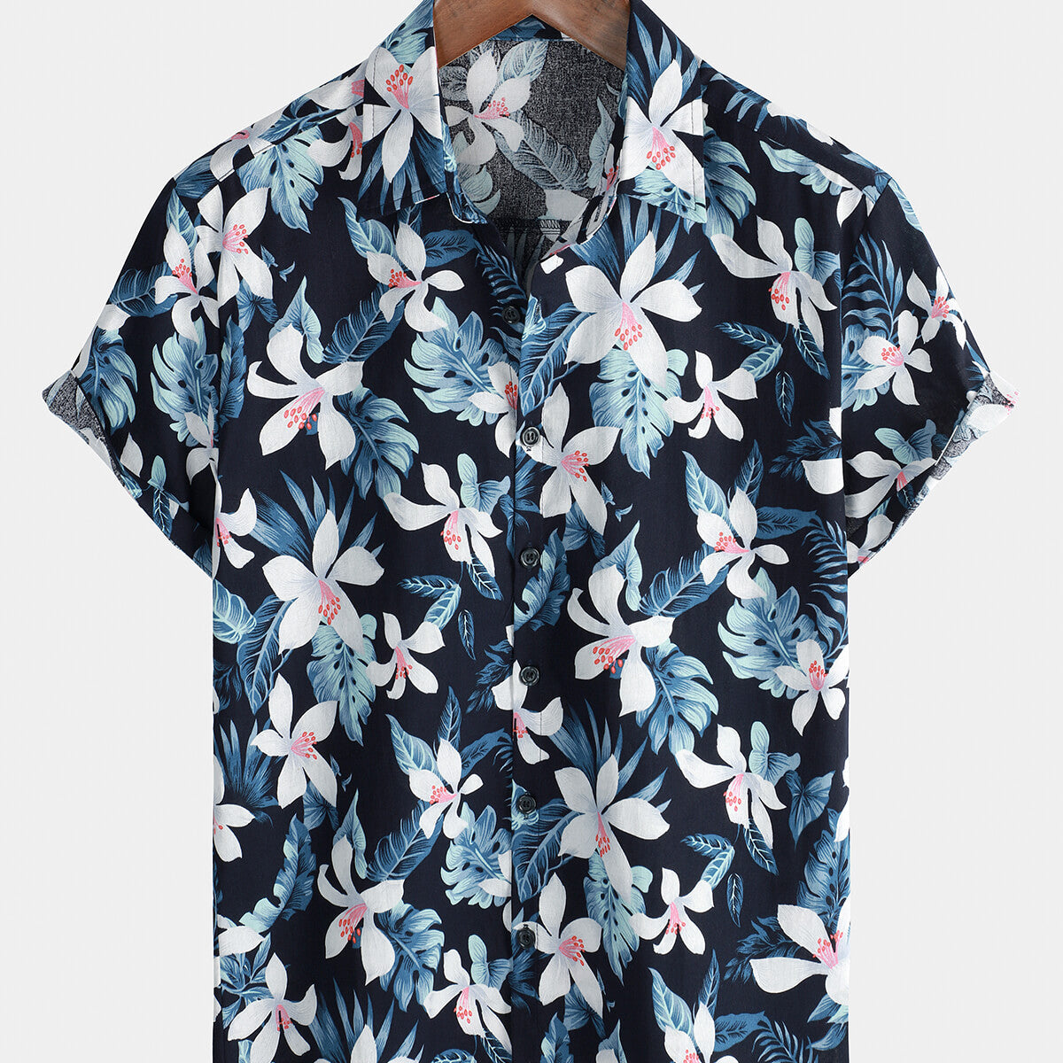 Men's Breathable Blue Vintage Holiday Hawaiian Floral Button Up Short Sleeve Shirt