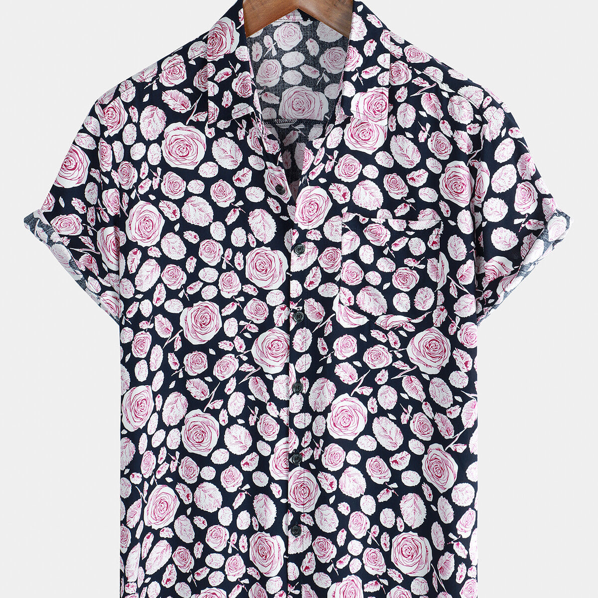 Men's Holiday Pink Rose Summer Floral Pocket Beach Soft Rayon Short Sleeve Shirt