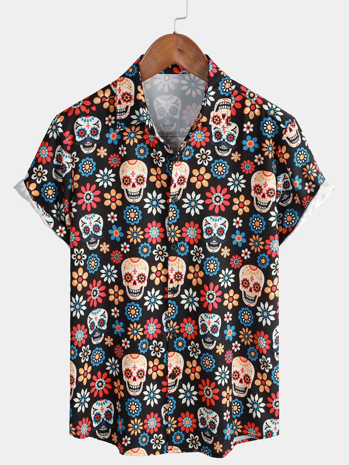 Men&#39;s Sugar Skull Punk Rock Holiday Cool Beach Short Sleeve Summer Shirt