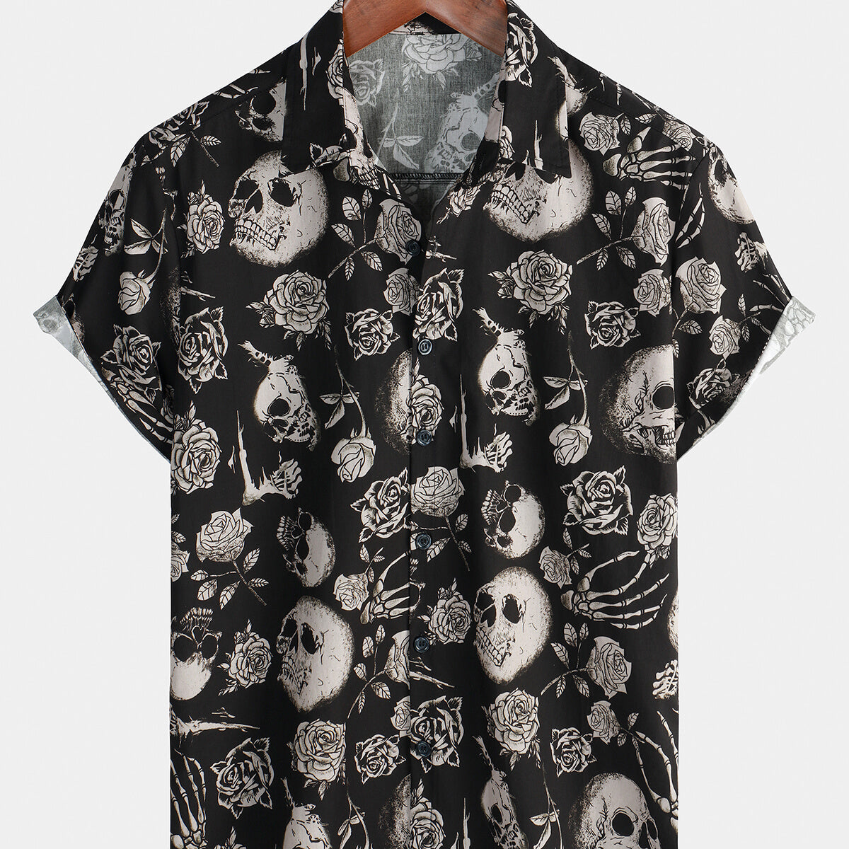 Men's Skull Rose Floral Punk Rock and Roll Cool Button Up Shirt
