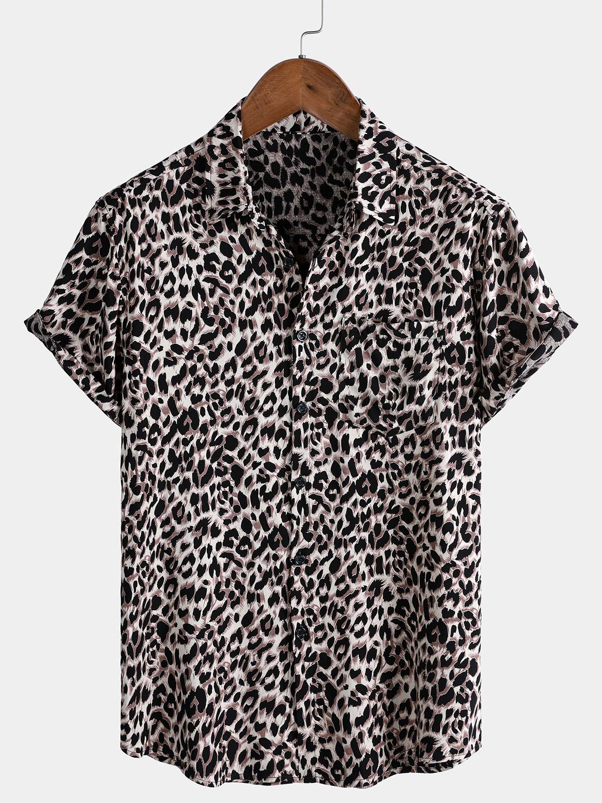 Men's Retro Leopard Print Rayon Pocket Short Sleeve Shirt