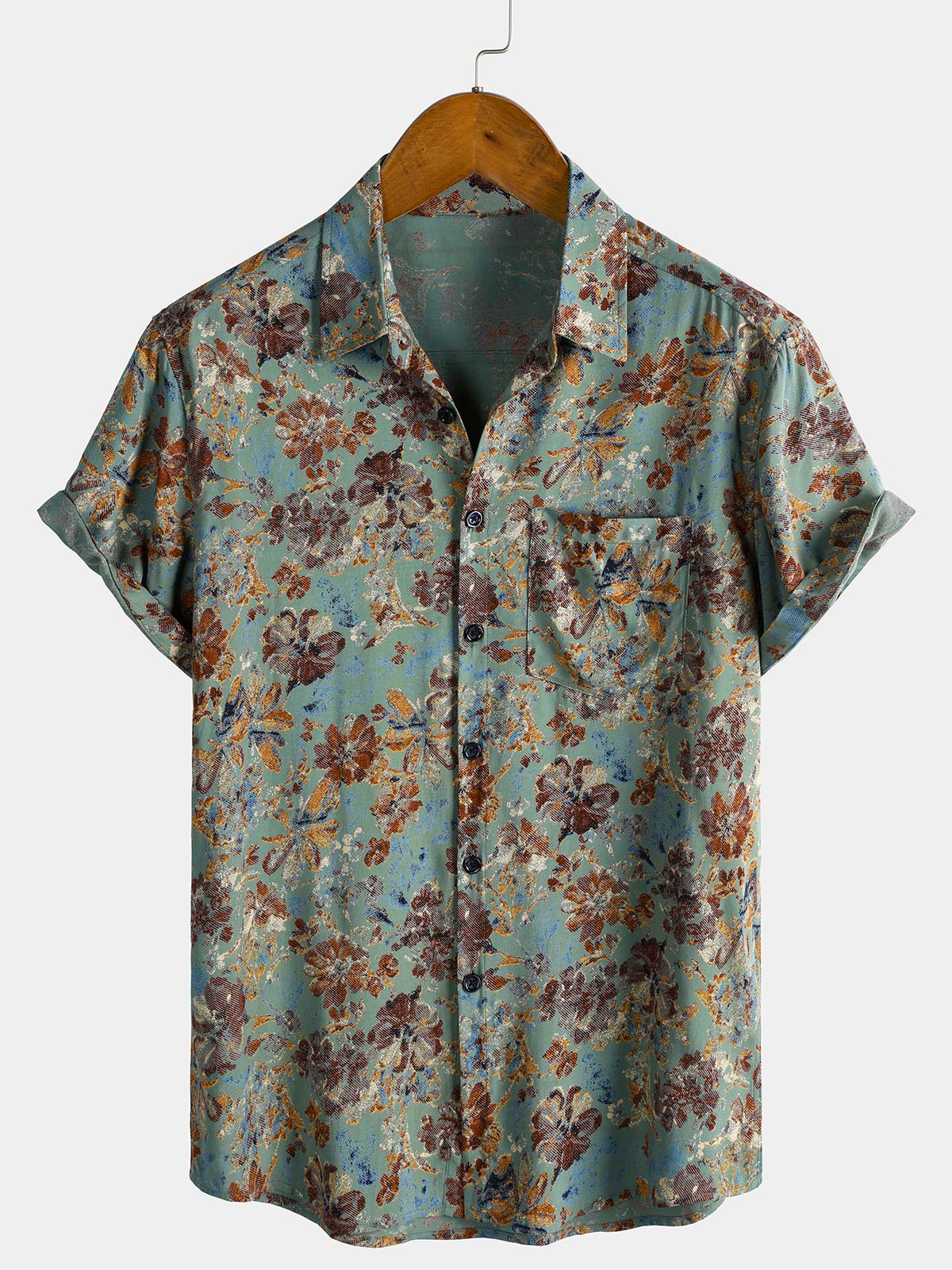 Men's Floral Print Rayon Pocket Short Sleeve Shirt