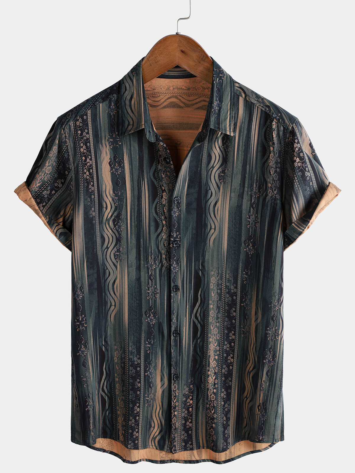 Men's Retro Striped Print Beach Short Sleeve Shirt