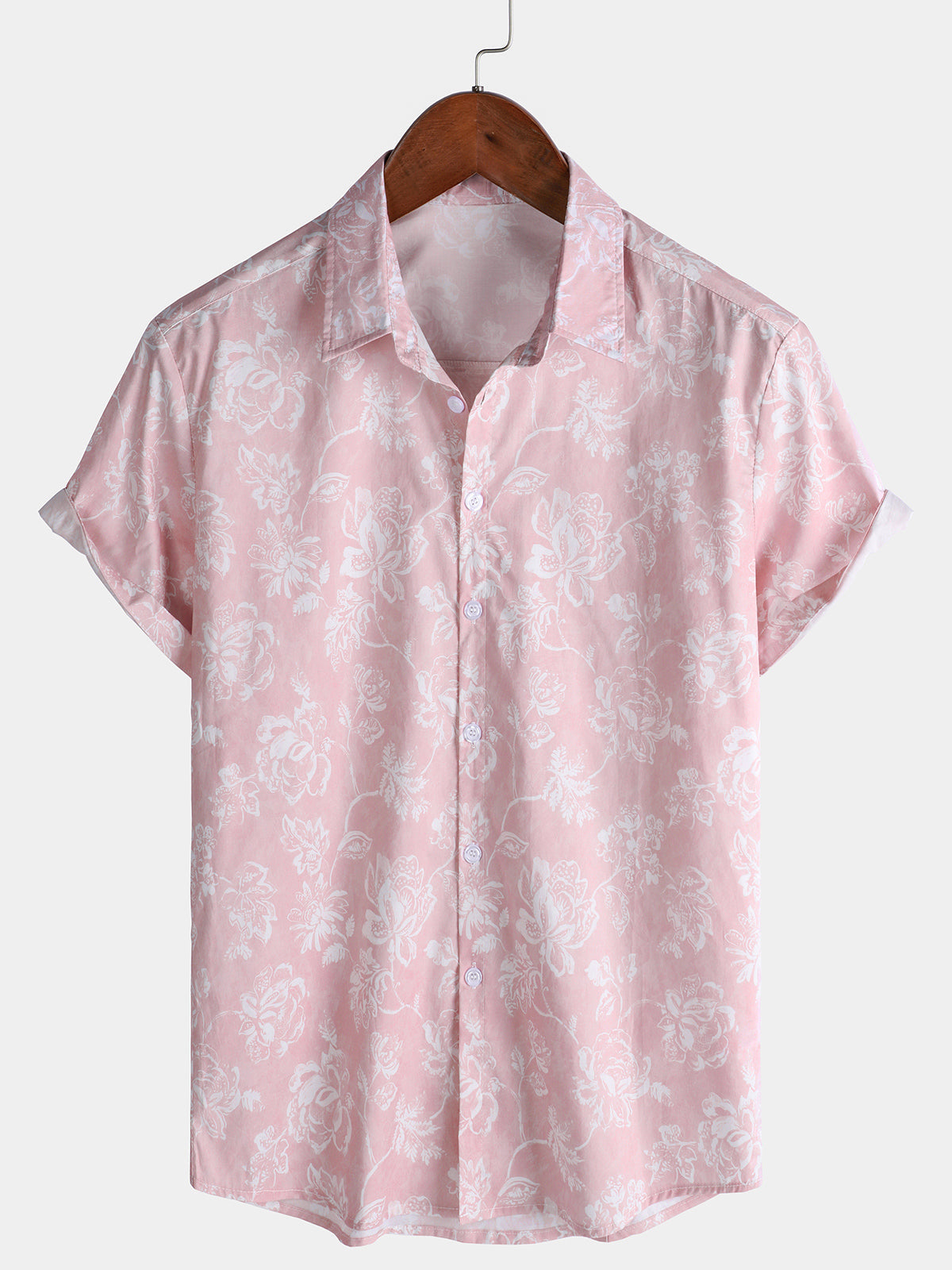 Men's Pink Hawaiian Floral Breathable Cotton Tropical Beach Vacation Resort Shirt