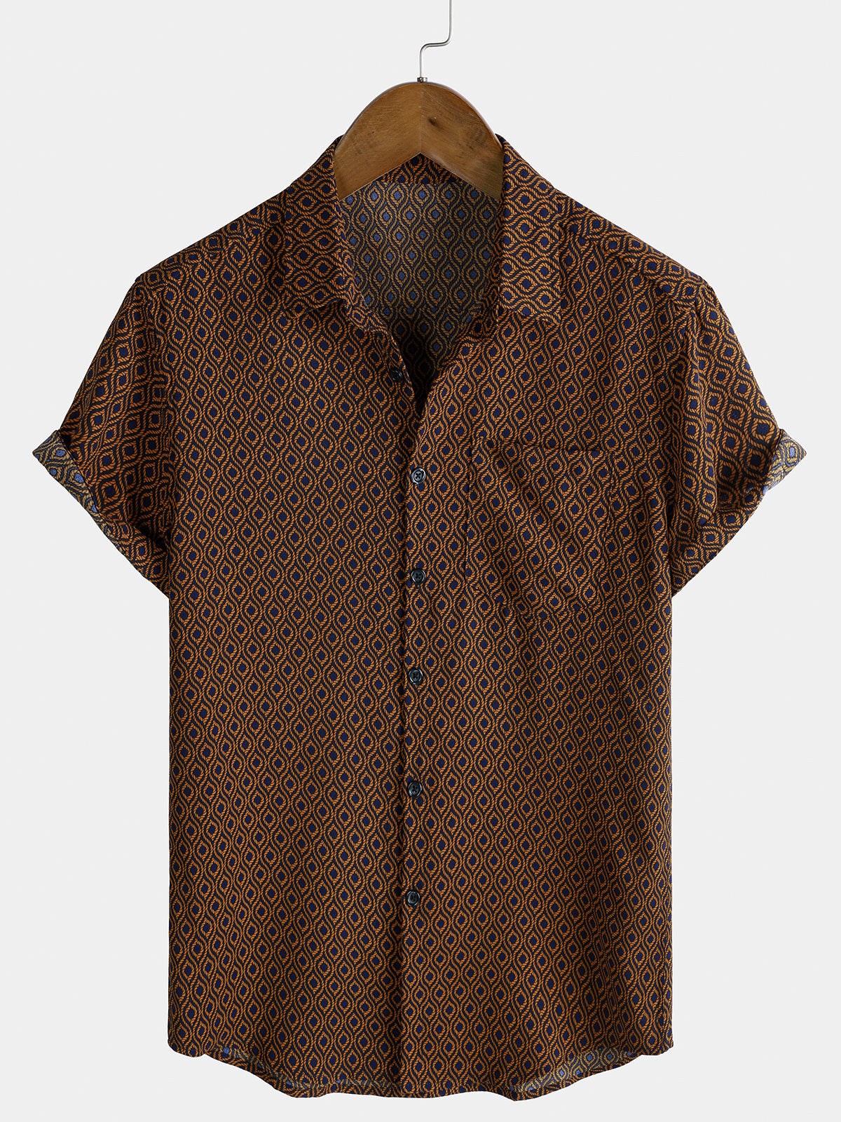 Men&#39;s Casual Holiday Brown Short Sleeve Button Up Retro Shirt