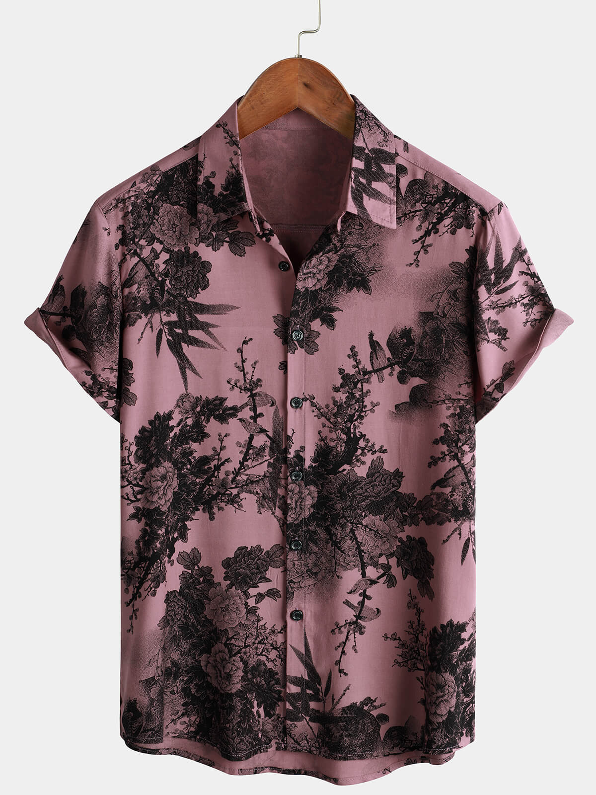 Men&#39;s Bamboo Floral Cool Summer Hawaiian Rayon Pink Button Up Short Sleeve Shirt